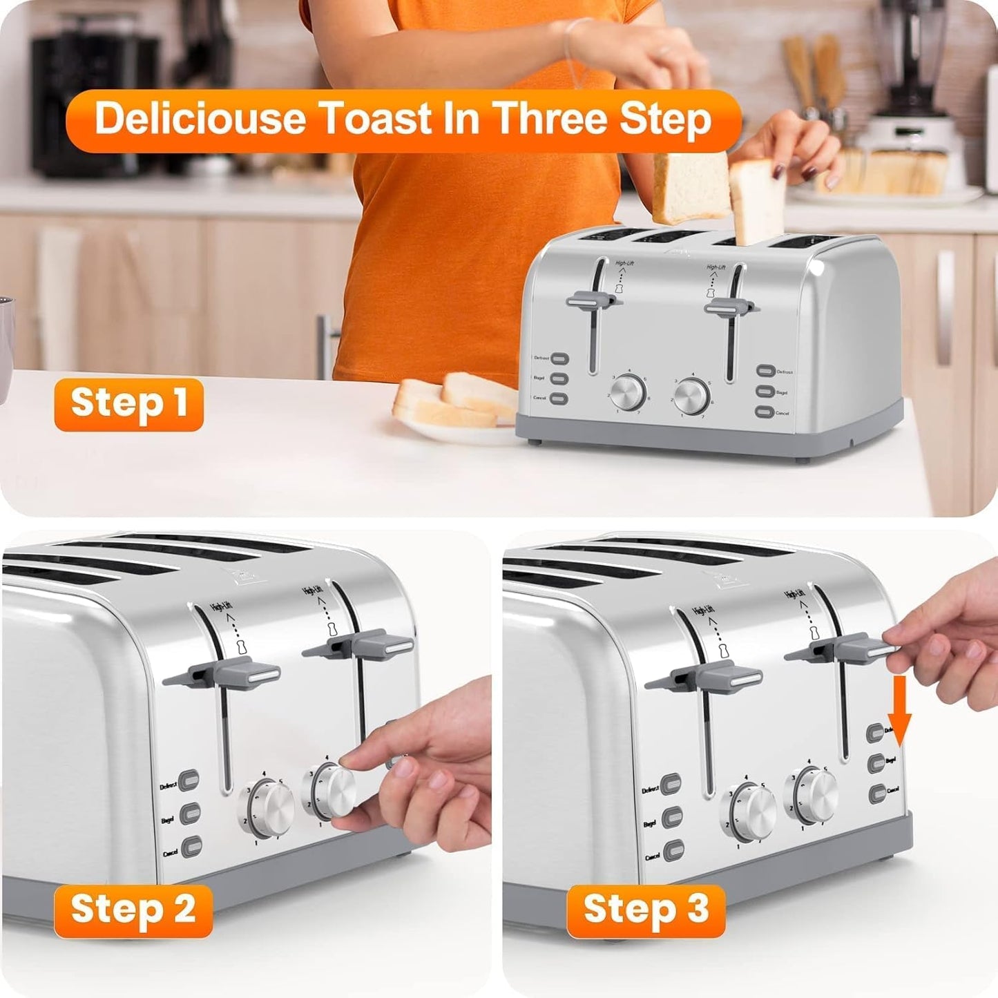 Toaster 4 Slice Retro Stainless Steel,Best Prime 4 Slice Toaster Wide Solt with 7 Shade Settings, Perfect for Waffles, Bagels and More Lainsten T-527