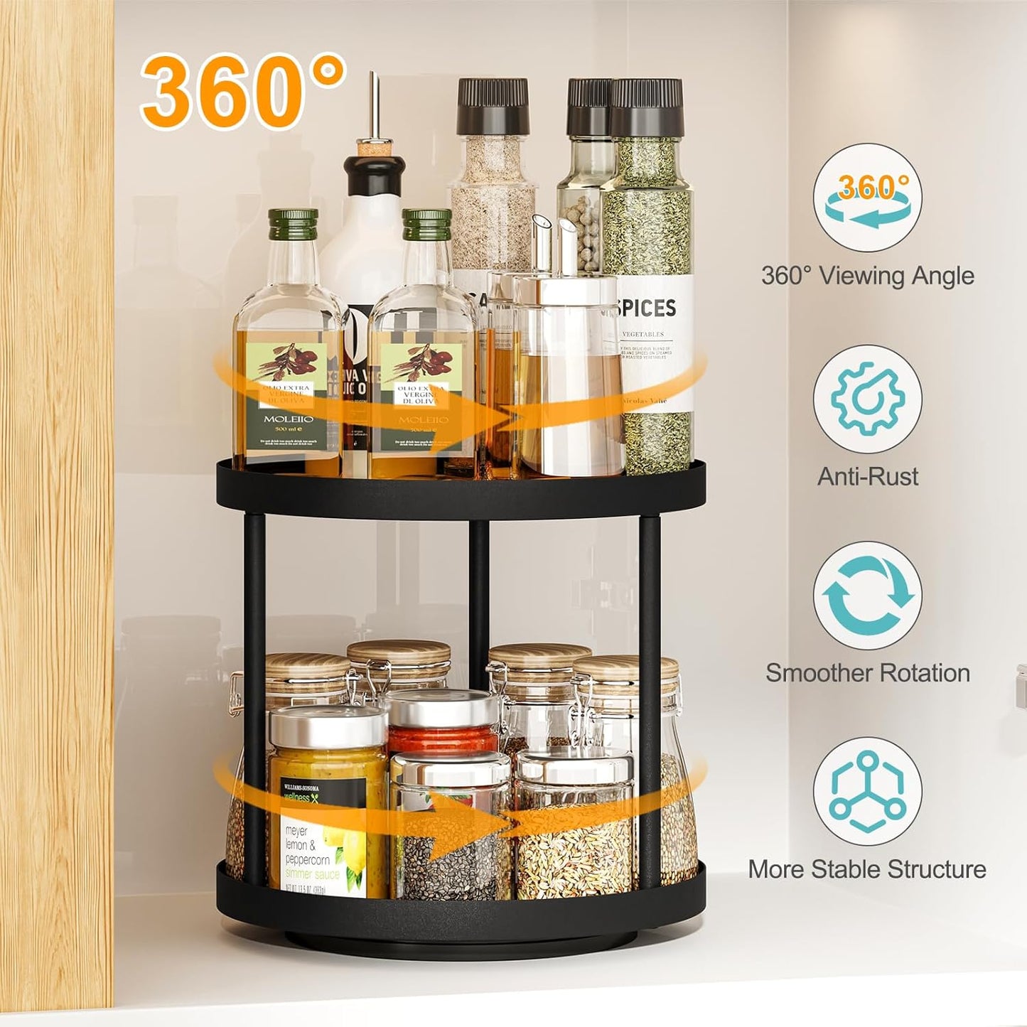 Giikin 2 Tier Lazy Susan Organizer, Two Tier Lazy Susan Turntable for Kitchen Countertop Spice Rack Organizer (Grey, 9.8" x 9.8" x 8.8")