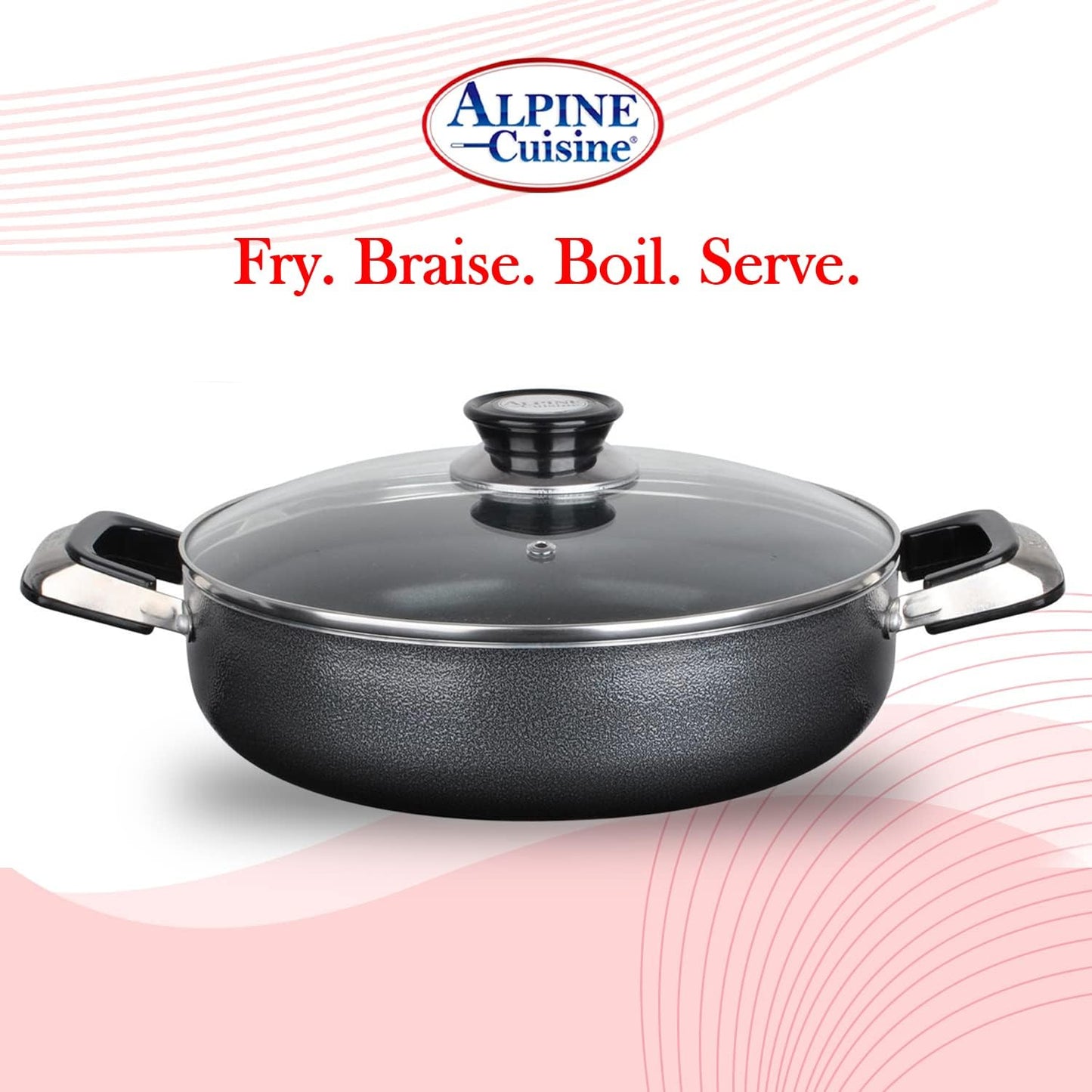 Alpine Cuisine 3 Quart Non-stick Caldero Stock Pot with Tempered Glass Lid and Carrying Handles, Multi-Purpose Cookware Aluminum Dutch Oven for Braising, Boiling, Stewing