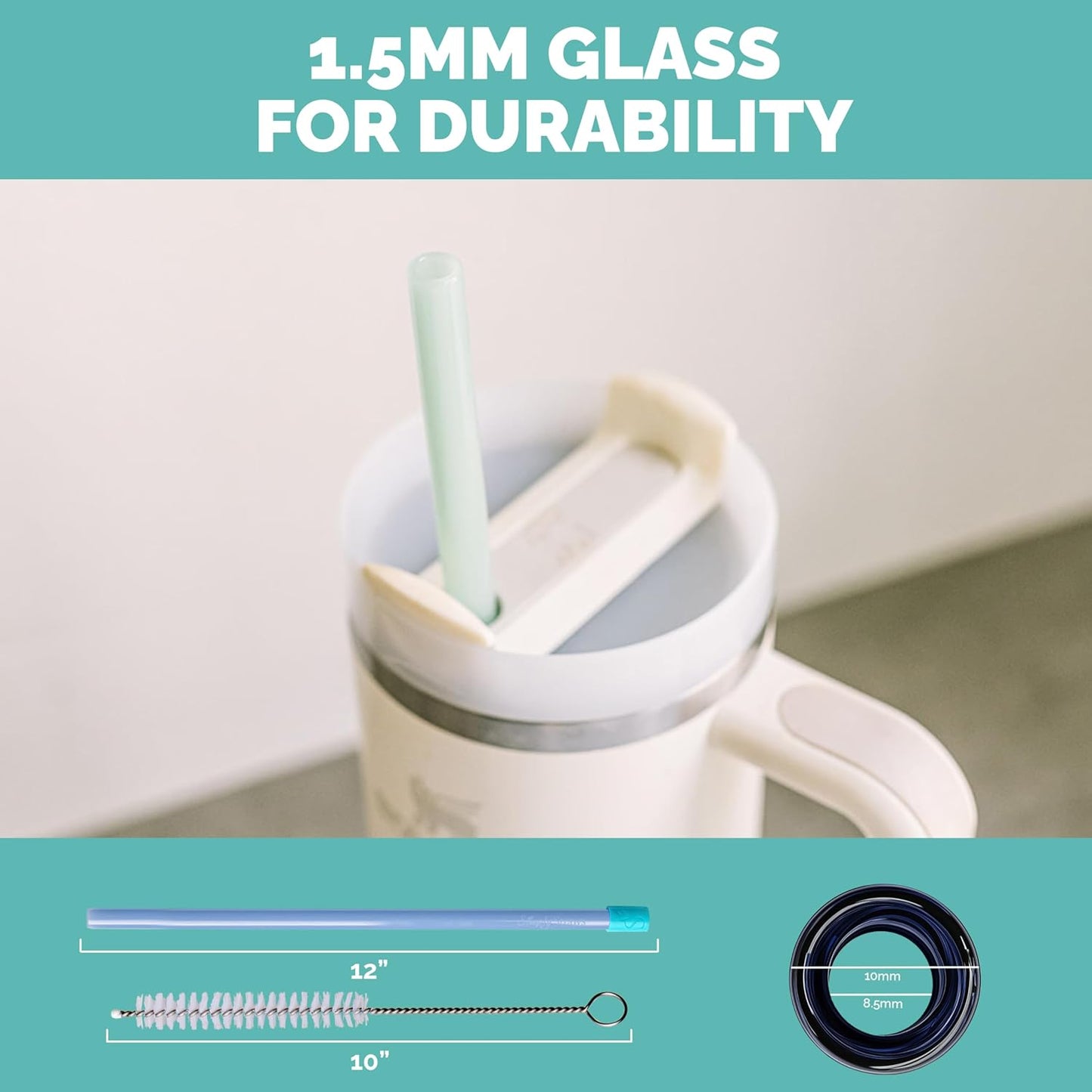 Simply Straws 12 Inch Glass Straws Straight (6-Pack) – Reusable Glass Straws for Stanley 40 Oz Tumbler, with Cleaning Brush – Durable, Dishwasher Safe, Hot & Cold Use, BPA-Free (Cote d'Azur)