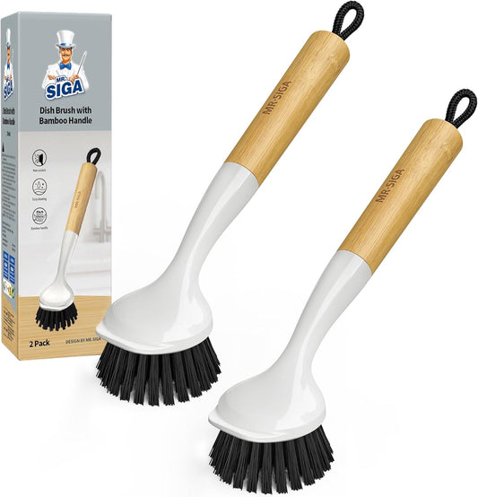 MR.SIGA Dish Brush with Handle, Dish Scrub Brush with Built-in Scraper, Bamboo Dish Brush for Pots and Pans, Kitchen Sink, 2 Pack