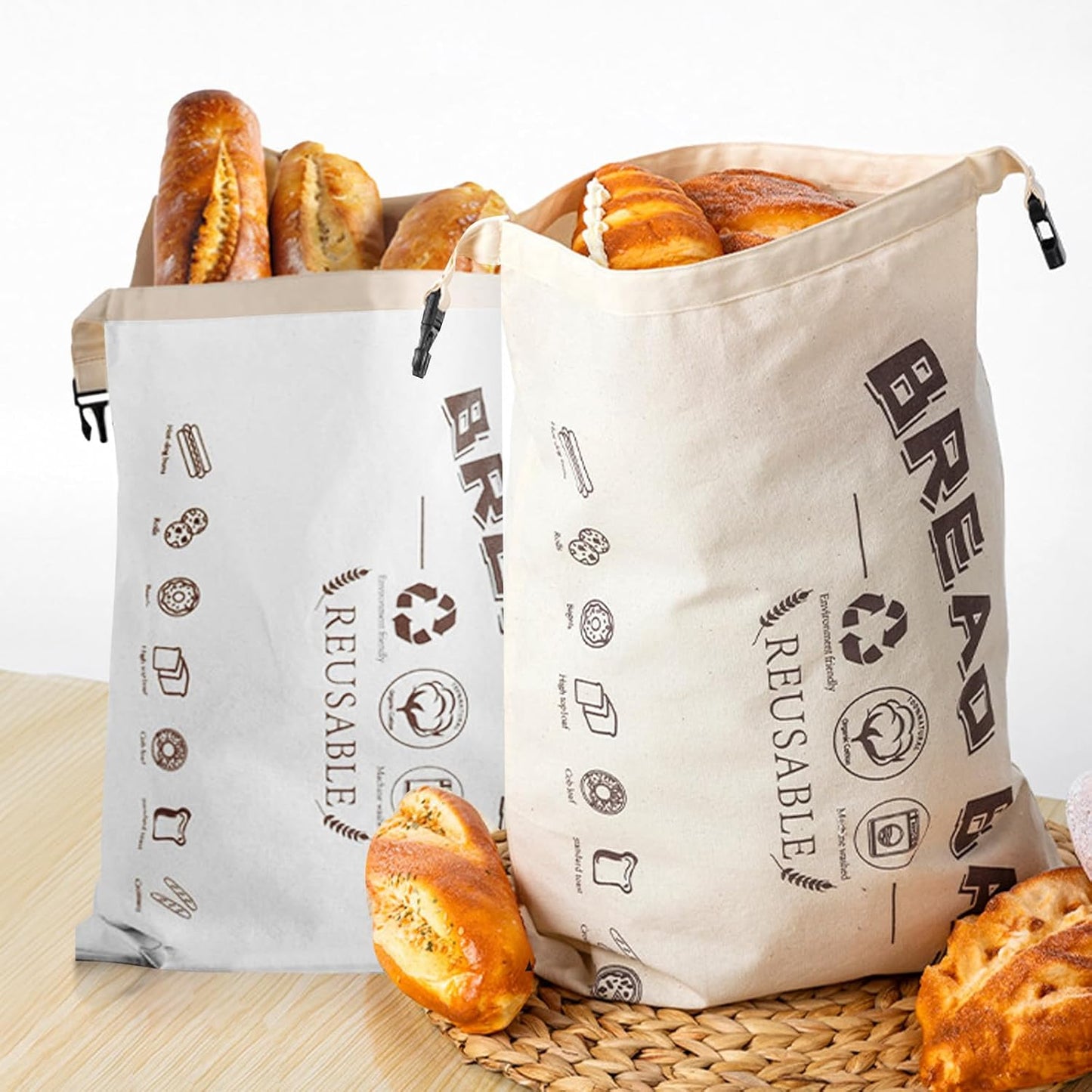 2-Pack Bread Bags, Reusable Bread Bags for Homemade Bread, Buckle Closure,Fresh Keeping Extra Large Bags, Food Bag (Mix colour)