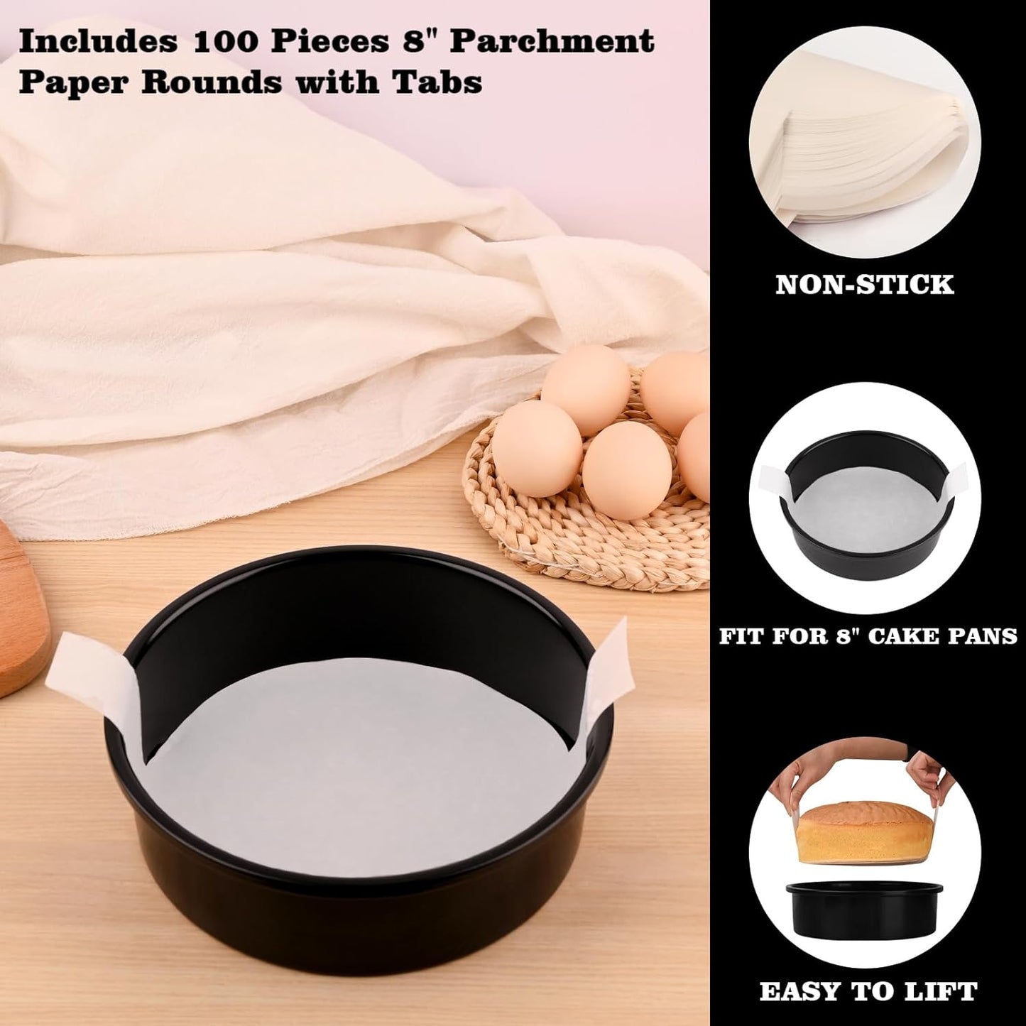 HUAKENER 8 Inch Cake Pan - Set of 3 Round Cake Pans with 100 Pieces Parchment Paper, Non-stick Cake Baking Pans, Dishwasher Safe