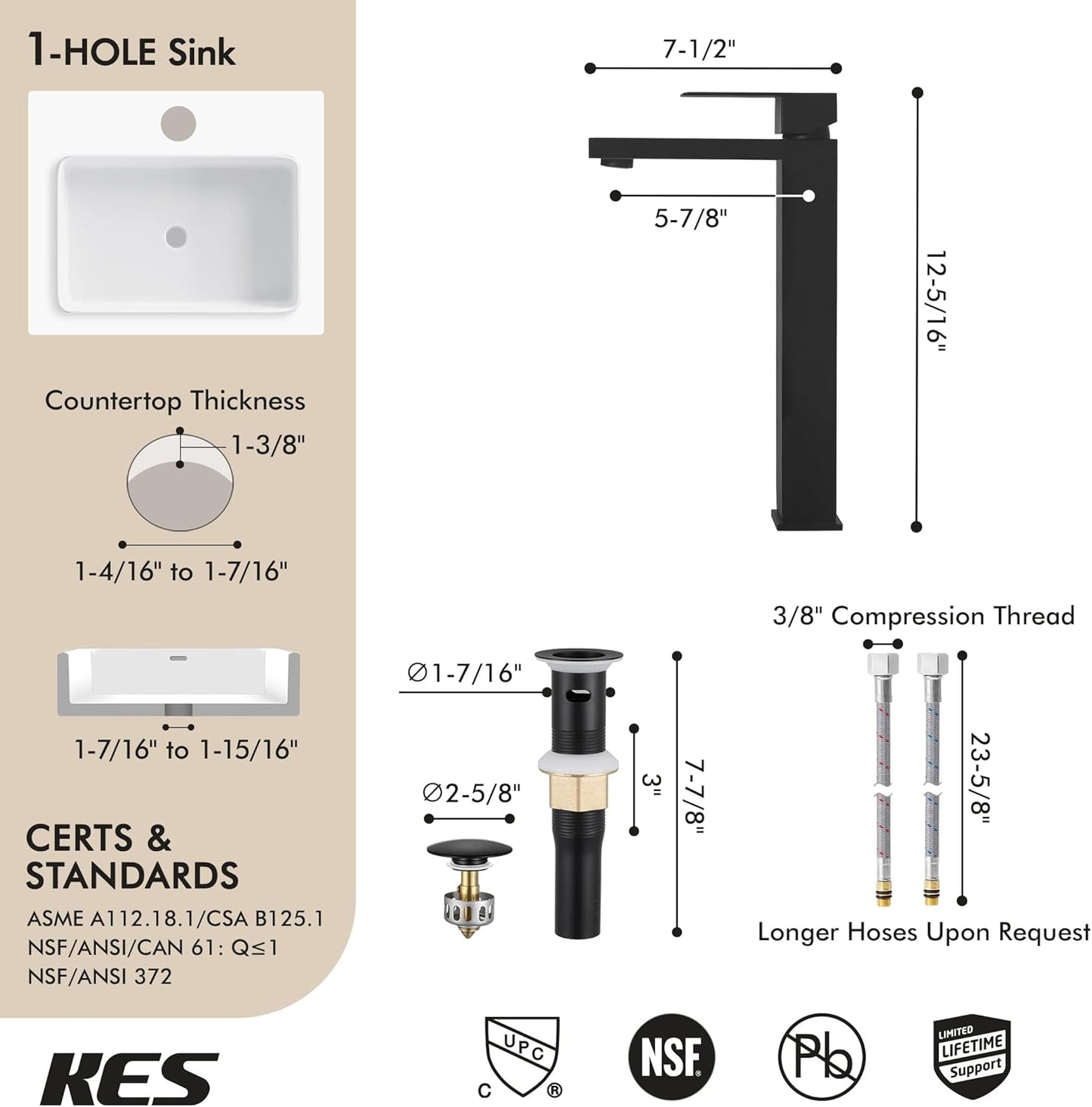 KES Vessel Sink Faucet, Black Bathroom Faucets, Tall Bathroom Faucets with Sink Drain with Overflow, L3156BLFF12-BK-C1