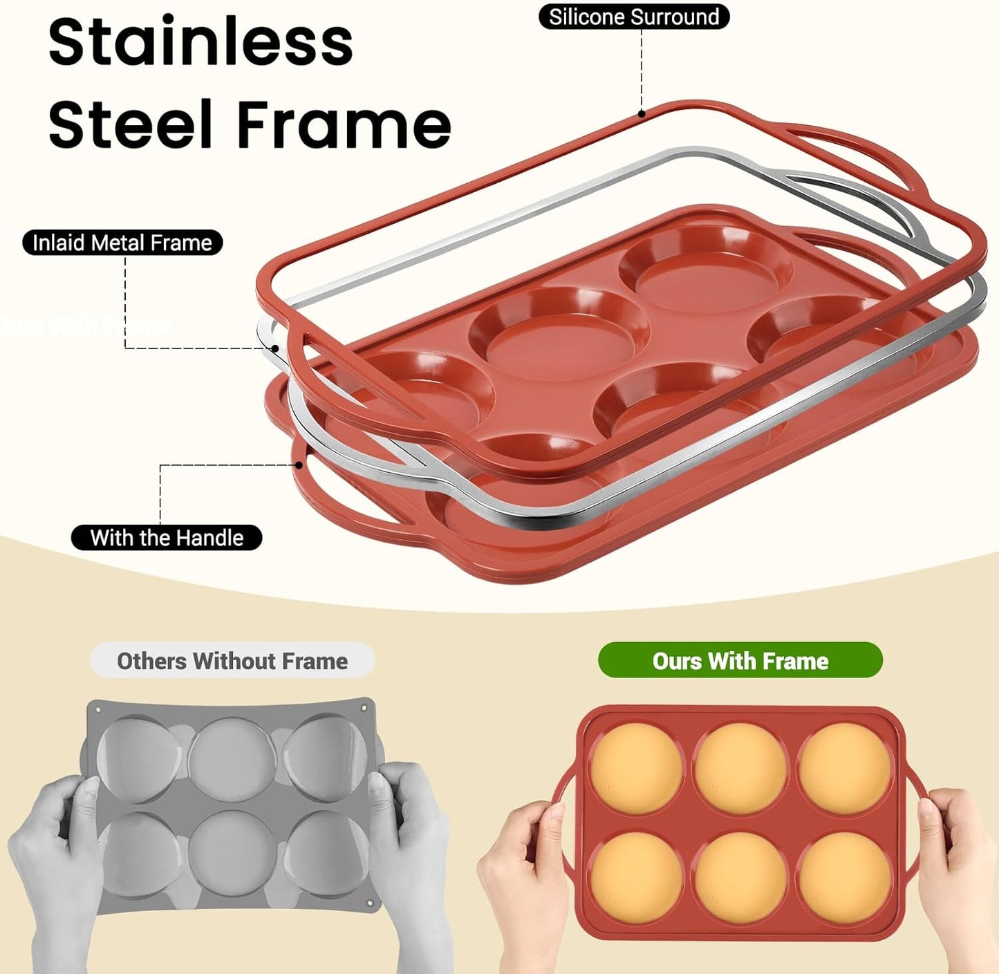 JOERSH 4 Inch Jumbo Silicone Muffin Top Pan with Metal Frame, Non Stick Silicone Egg Mold for Oven, Large Whoopie Pie Baking Pan for English Muffin, Breakfast Sandwich, Egg Bite, Hamburger Bun Tart