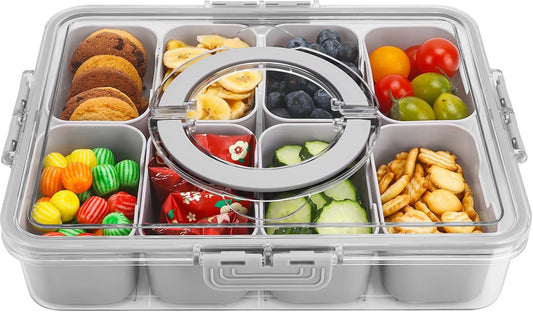 shopwithgreen Snackle Box Container, Divided Serving Tray with Lid and Handle for Party, Veggies, Fruit, Nuts, Food Tray Platter Charcuterie Snack Box Container for Entertaining, Picnic,Gray