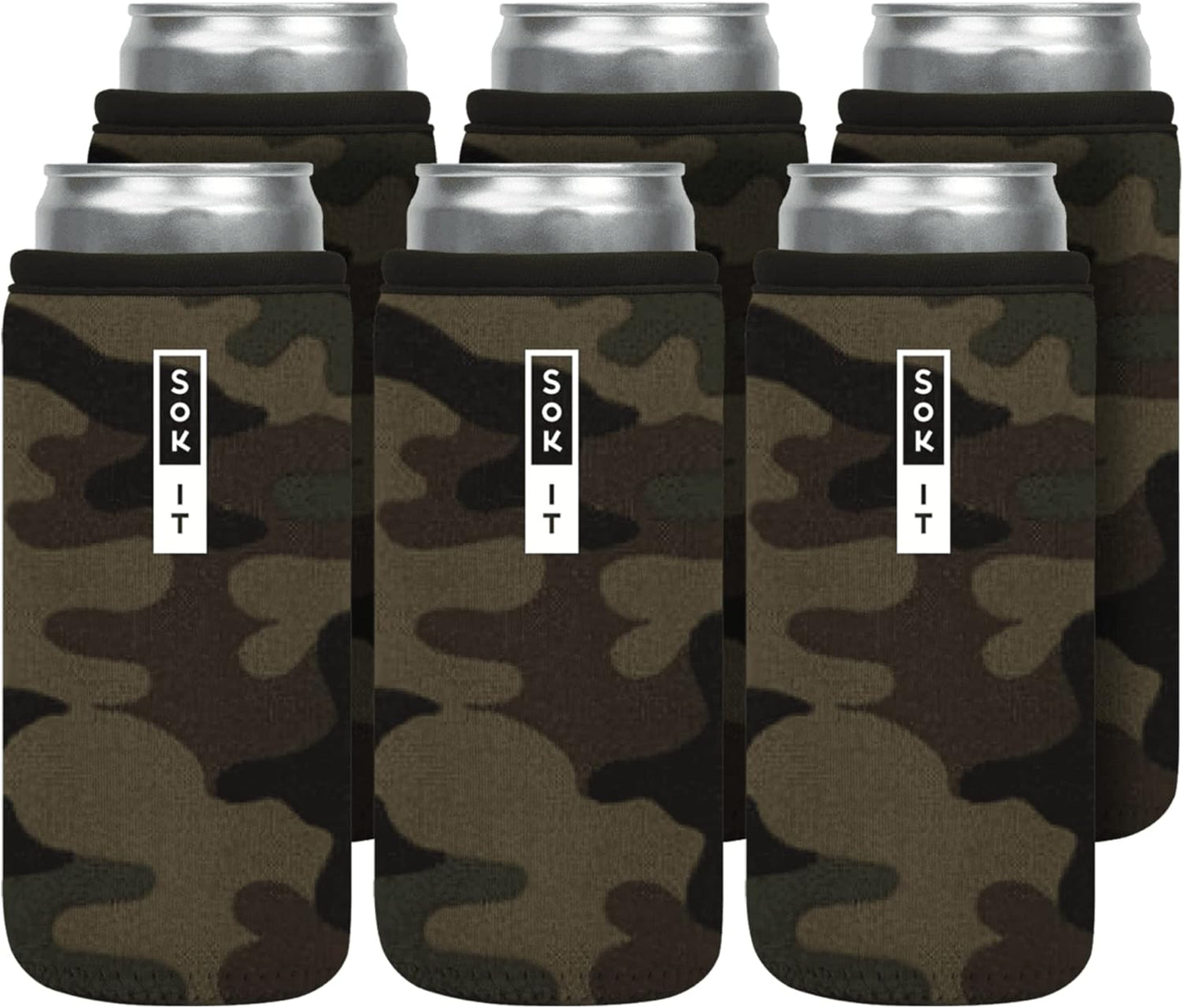 Sok It CanSok 6 Pack Sleeve for Beer & Soda Insulated Neoprene Cover (Green Camo, 12oz Slim Can Sleeve - 6 Pack)