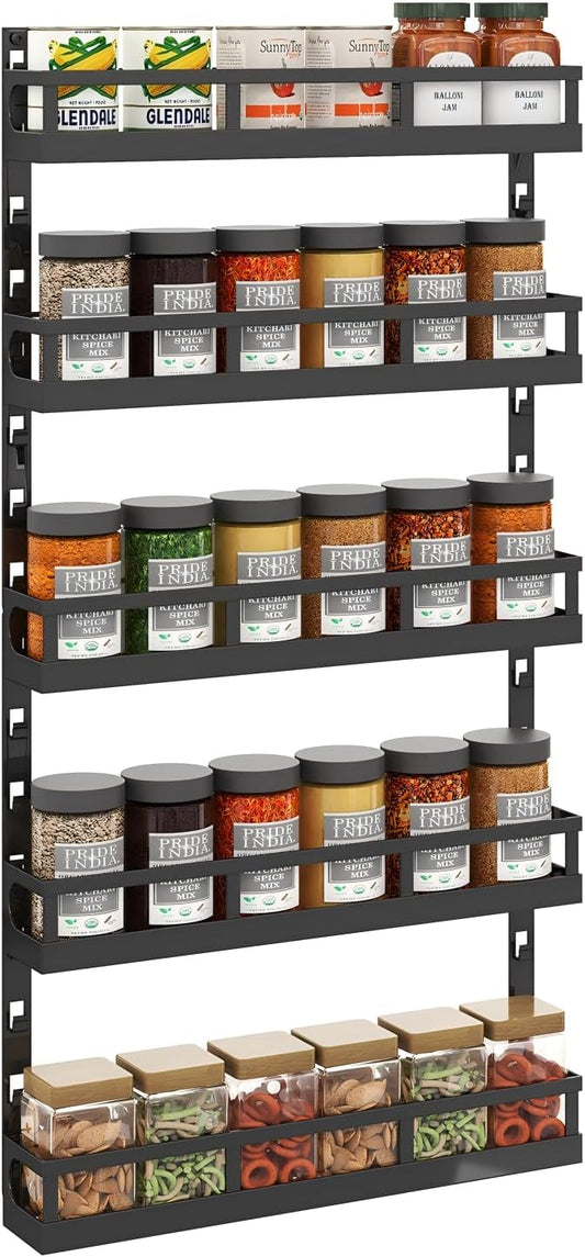 X-cosrack 5-Tier Small Wall-Mounted Spice Rack Organizer, Height-Adjustable, Space-Saving Compact Design for Kitchen Pantry Cabinet, Black