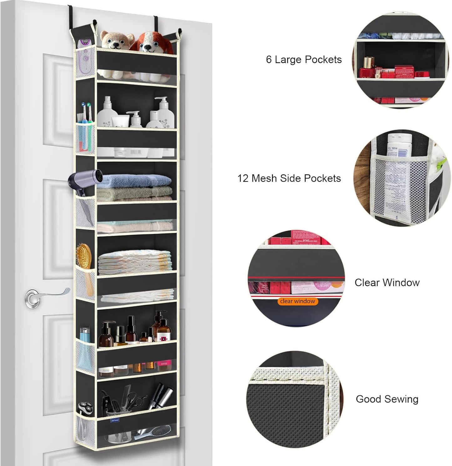 Over The Door Hanging Organizer 6-Shelves and 12 Side Pockets, Over The Door Storage Organizer, Back of Door Organizers for Baby Accessories and Children's Toys (13"x5"x54", Black)