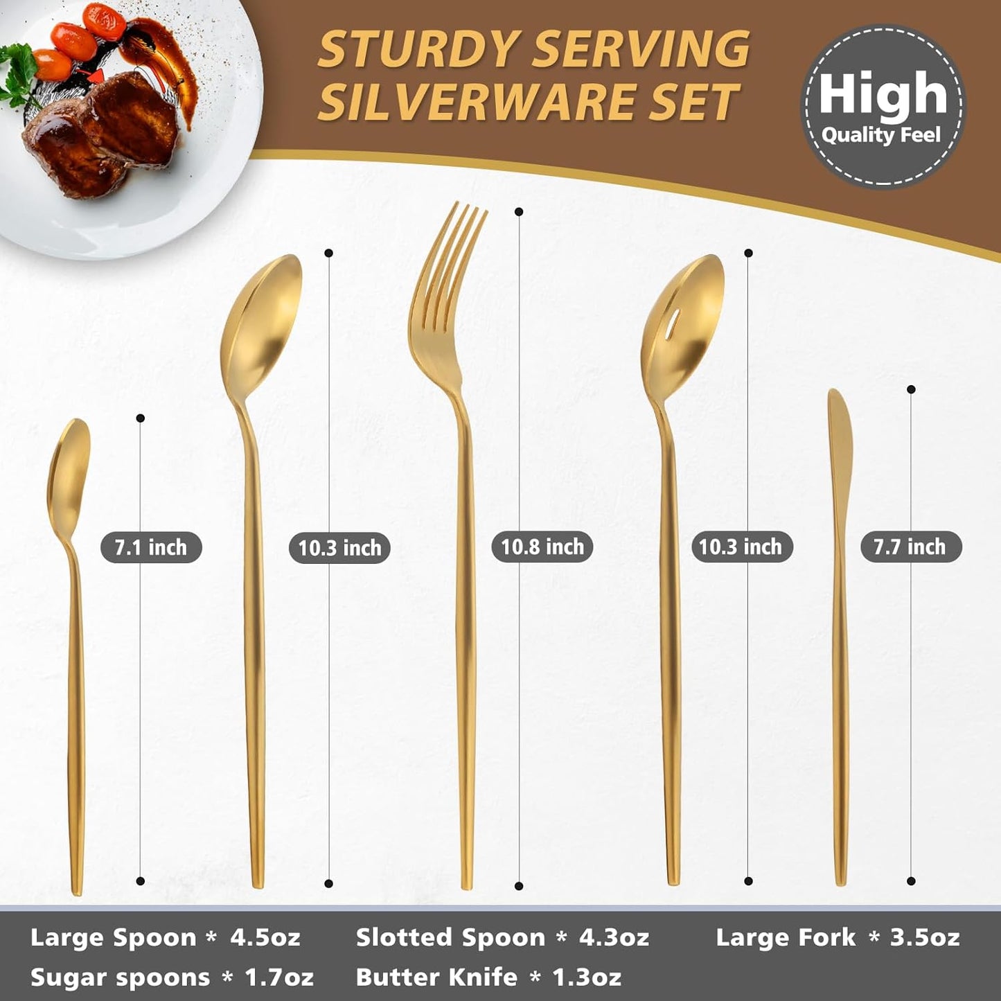 Matte Gold Serving Set，Oliviola 5-Piece Stainless Steel Large Hostess Set with Round Edge, Satin Finished, Dishwasher Safe -Large Spoon, Large Fork,Butter Knife，Sugar Spoon & Slotted Spoon