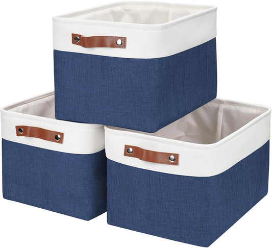 Storage Bins Large Fabric Storage Baskets for Shelves 3 Pack, Decorative Linen Closet Baskets with Handles for Organizing, Shelf, Clothes, Home, Office, 15x11x9.5Inches (NavyBlue&White)