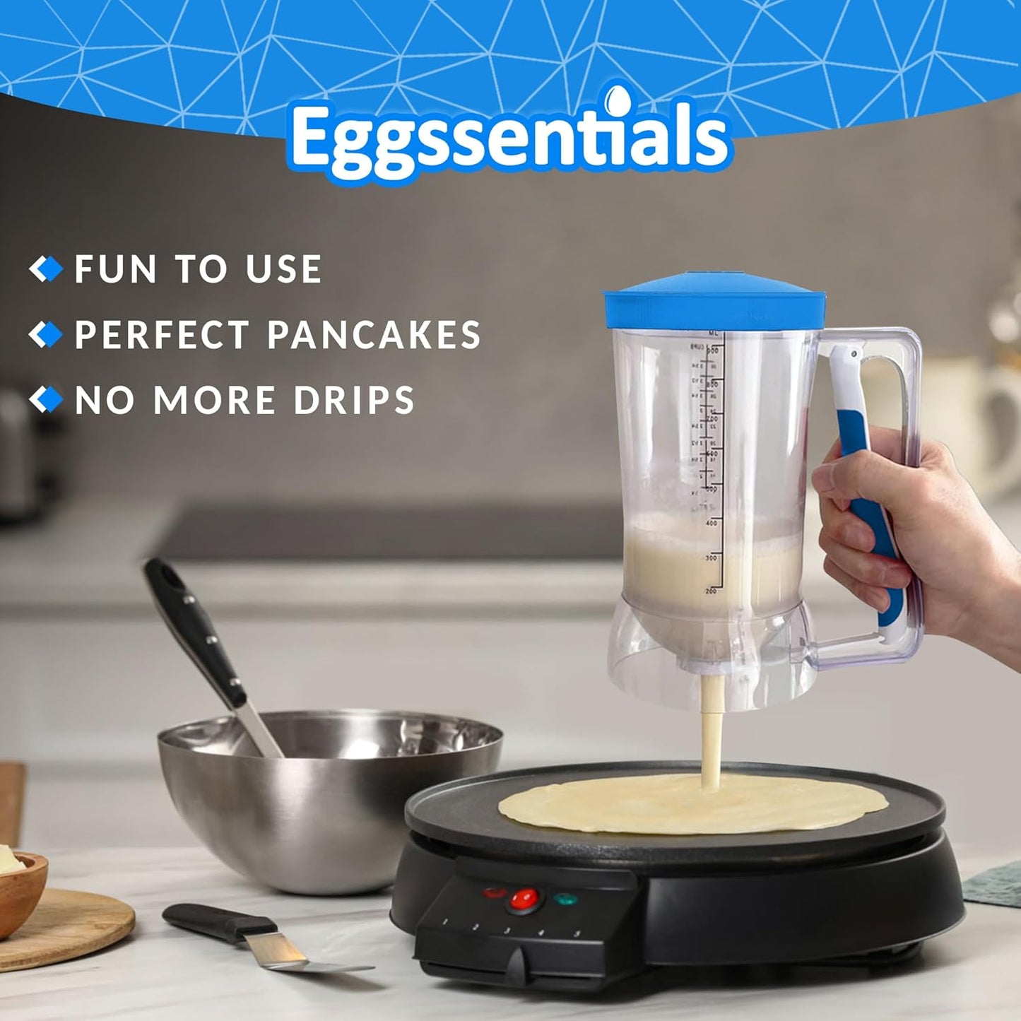 Eggssentials Batter Dispenser – Easy Pour Pancake Batter Dispenser for Cupcakes, Muffins, Waffles & Griddle – Kitchen Baking Tool BPA-Free - Blue Color