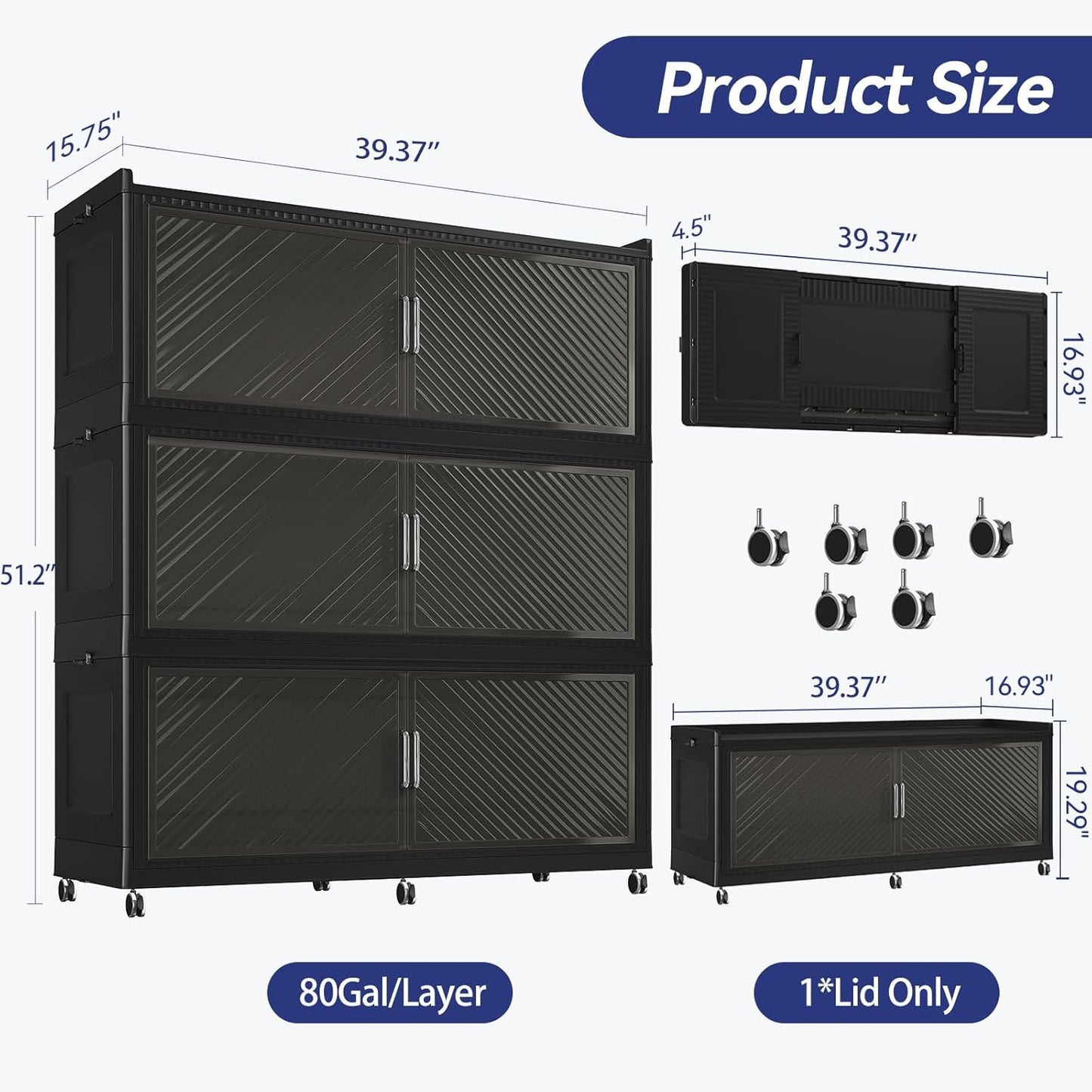 240GAL Extra Large Stackable Storage Bins with Lid, 960QT Plastic Storage Bins with 6x Wheels, Collapsible Closet Organizer and Storage Drawer Cabinet for Living Room Office Dorm, 3Pack Black