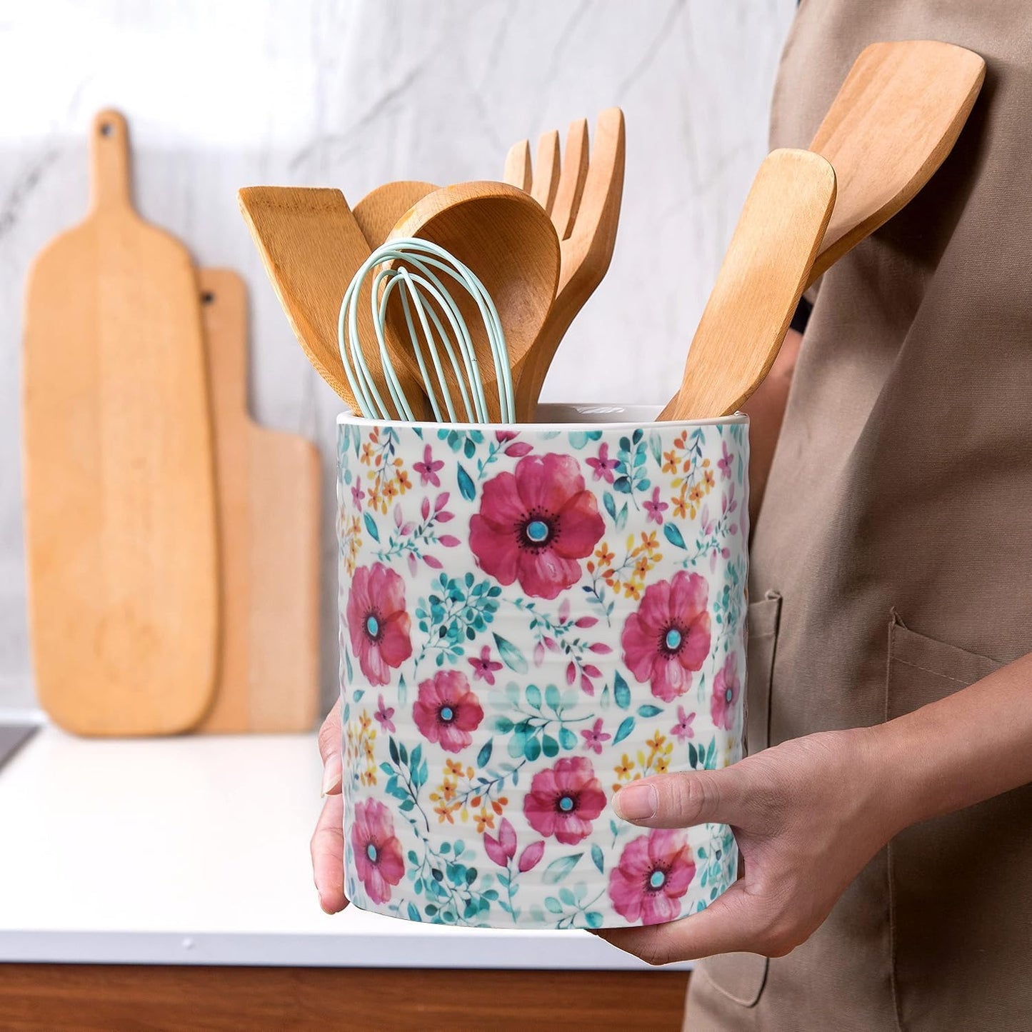 Kitchen Utensil Holder,7.2″Extra Large Stable Pattern Ceramic Utensil Crock,Utensil Organizer for Countertop,Kitchen Decor,Utensil Holder for Housewarming,Wedding Gift (Purple Red)