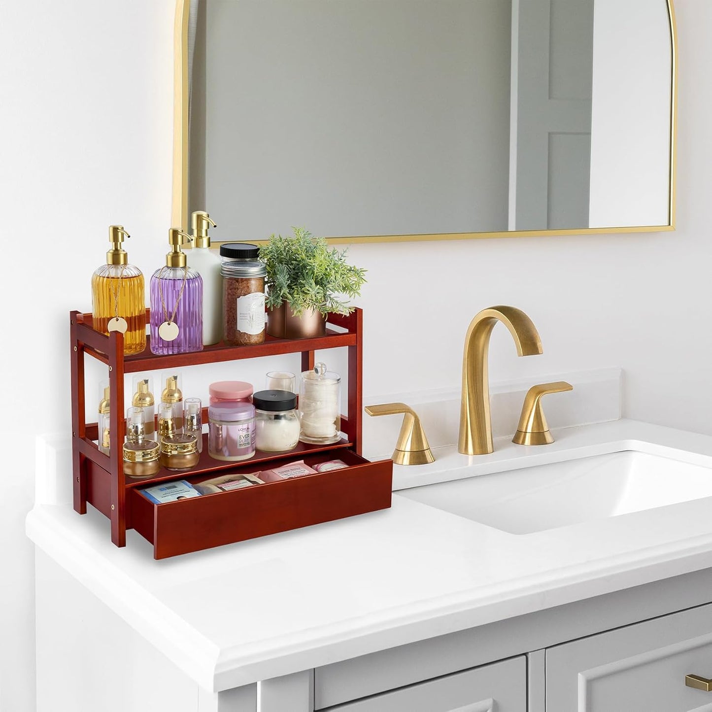 Sorbus Bamboo Bathroom Counter Organizer – 2-Tier Shelf with Hidden Drawer for Vanity, Matcha Station, Bathroom Sink Organizer Countertop, Kitchen & Office Storage (17″ L x 6.5″ W x 12.6″ H) (Brown)