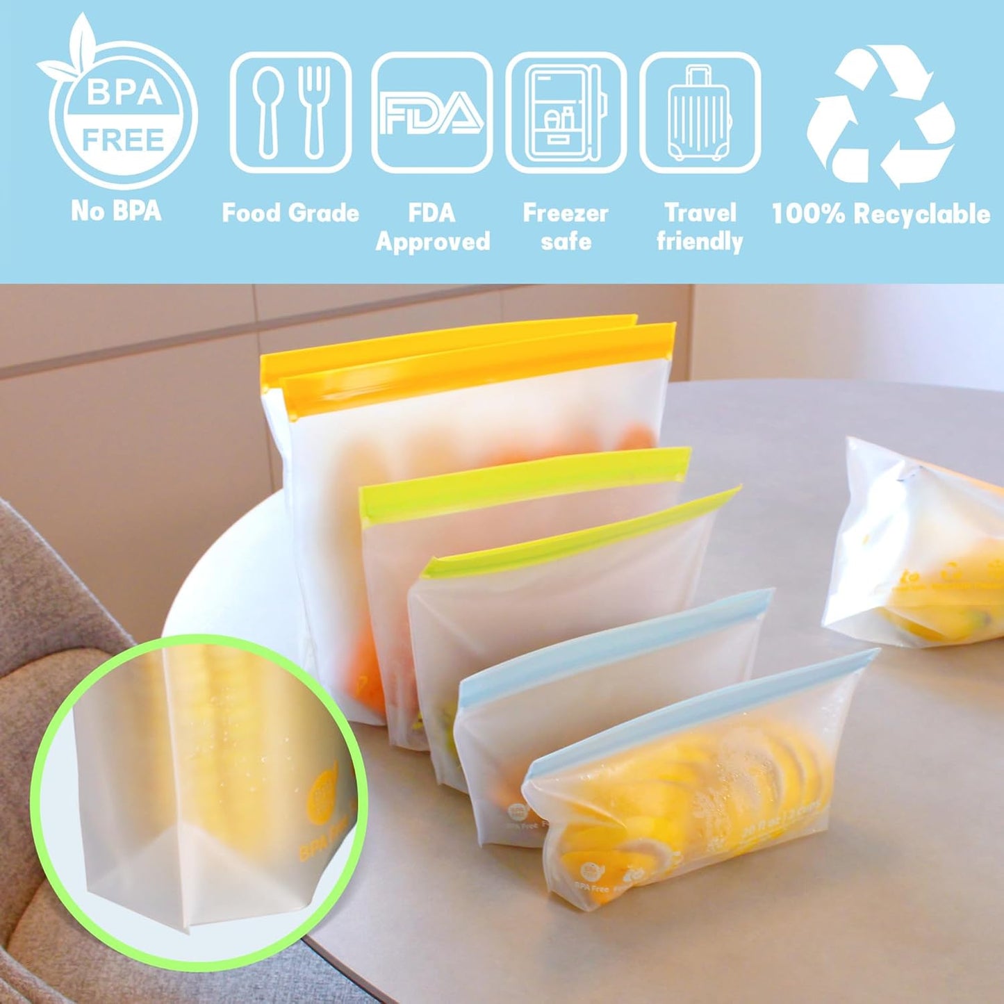 20 Pack Reusable Food Storage Bags,Leakproof Freezer Bags BPA Free Stand Up Sandwich Bags for Lunch Salad Fruit Travel,Dishwasher Safe(6 Gallon,8 Sandwich,6 Snack)