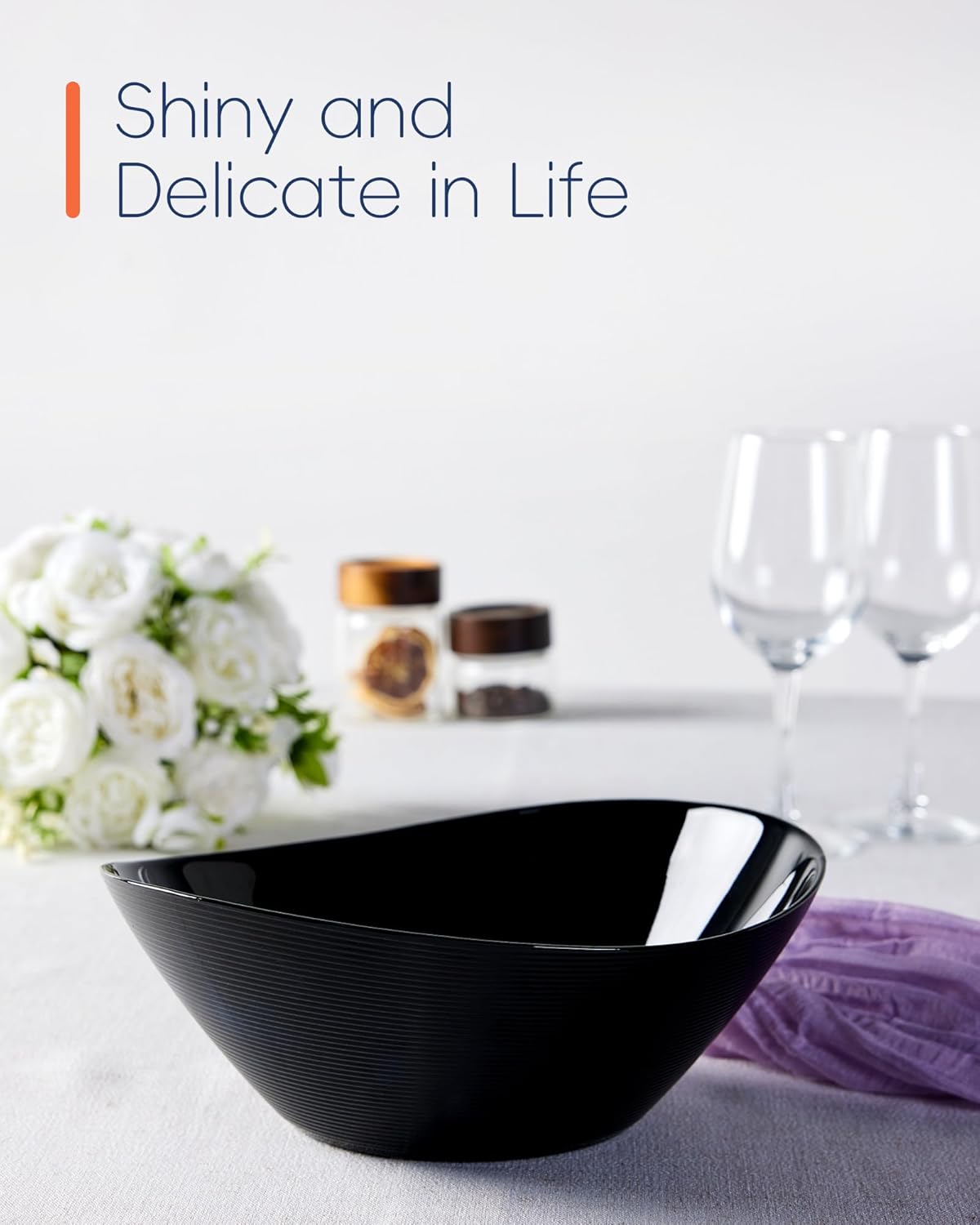 66 OZ Salad Bowl Set of 2, Opal Glass 10 inch Lightweight Serving Dishes for Salad, Fruit, Kitchen Microwave & Dishwasher Safe, Oval Shape Black