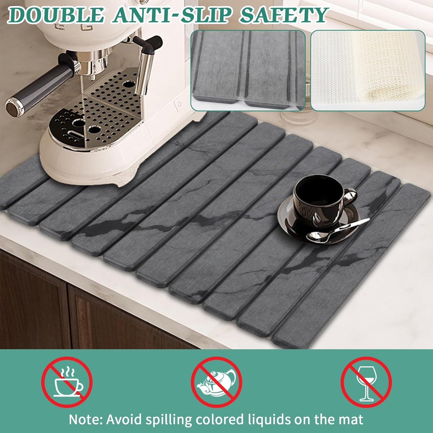 Stone Dish Drying Mat for Kitchen Counter, 24''×15'' Dark Grey Marble Dishes Drying Matt Kitchen Counter, Absorbent Diatomaceous Earth Bath Quick Dry Mats for Tableware, Bottles and Cup
