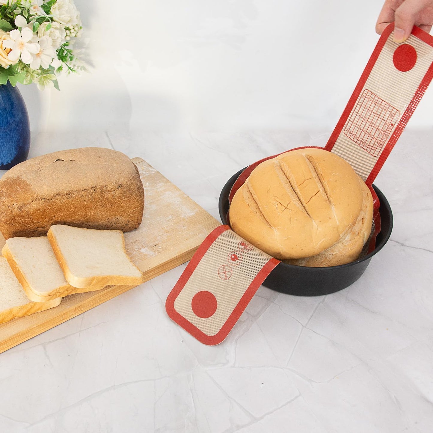 Silicone Bread Sling for Dutch Oven, 2 PCS Non-Stick & Easy Clean Reusable Silicone Bread Baking Mat with Extra Long Handles, Easy and Stable to Transfer Sourdough