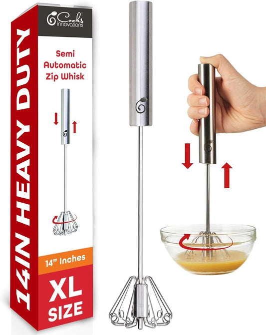 14 Inch Stainless Steel Hand Whisk - Durable & Easy to Use Push-Down Zip Whisker - Rotary Hand Mixer for Beating Eggs, Frothing Milk, Blending, Mixing, Whipping Smoothies & Shakes - Kitchen Tools