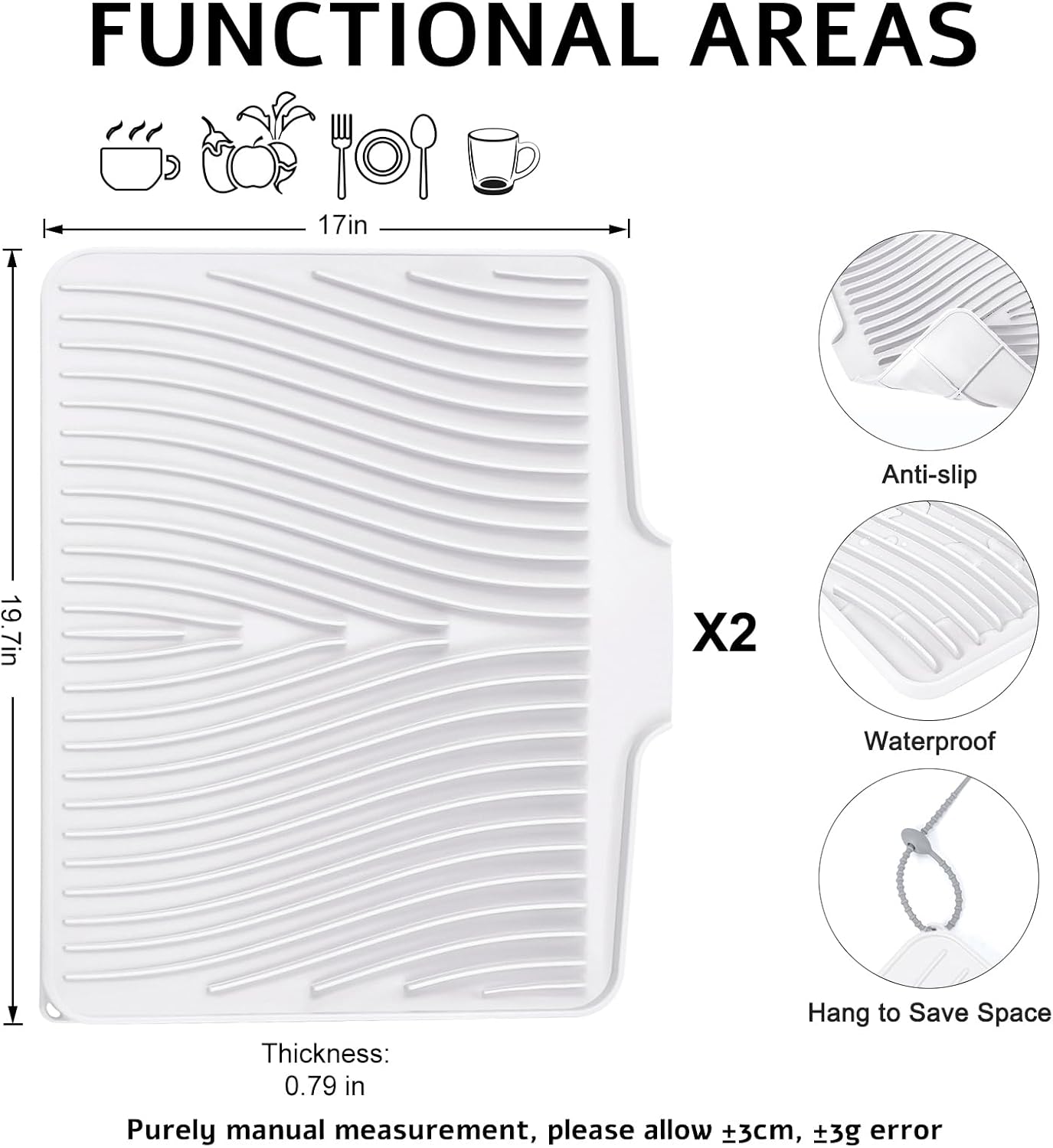 Dish Drying Mat,Stone Drying Mat for Kitchen Counter with Built-in Drain,Non-Slip Drying Matt Kitchen Counter, Heat Resistant Silicone Drying Mat, Dish Drying Pad, 2 Pcs(Ivory, 19.7"x17")