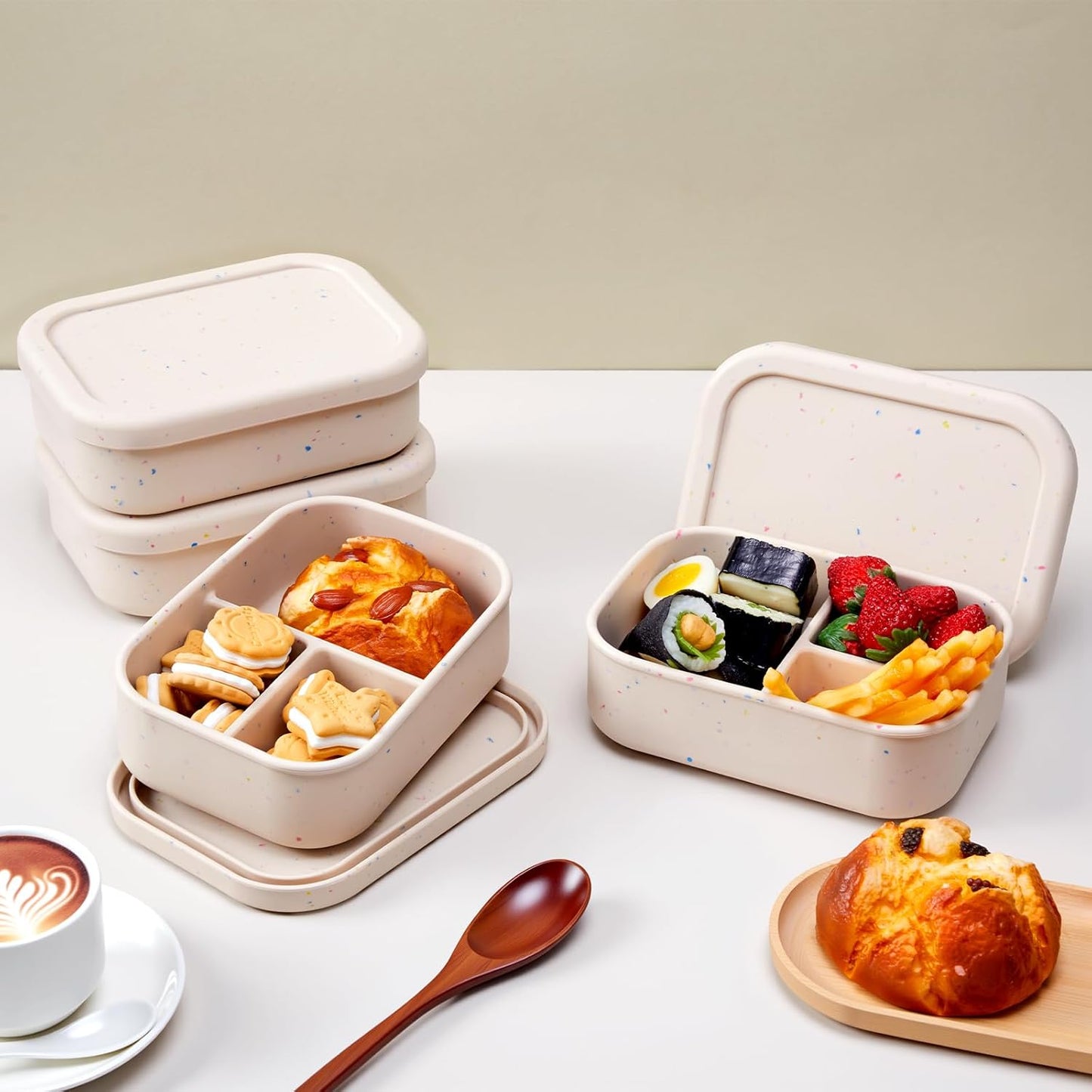 Honeydak 4 Pcs Silicone Bento Lunch Box 3 Compartment Reusable Leakproof Silicone Bento Lunch Container for Adults Microwave Dishwasher Freezer Safe(Beige)