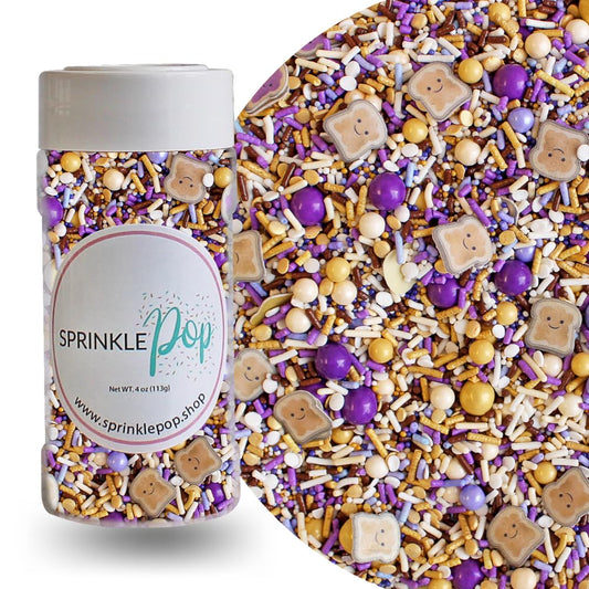 Sprinkle Pop PB&J Sprinkle Mix| lavender Purple Gold Cream Chocolate Sprinkles with ~20 Peanut Butter & Grape Jelly Slice Wafer Papers| Sprinkles Made in USA for Decorating Cake Cupcakes Cookies, 4oz
