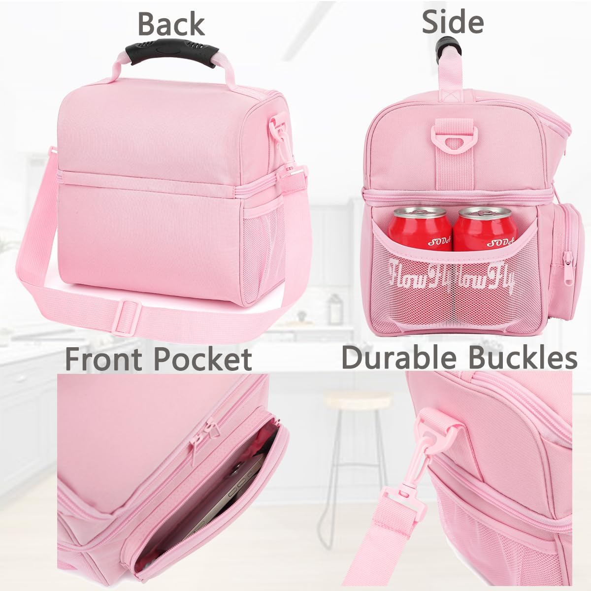 FlowFly Double Layer Cooler Insulated Lunch Bag Adult Lunch Box Large Tote Bag for Men, Women, With Adjustable Strap,Front Pocket and Dual Large Mesh Side Pockets