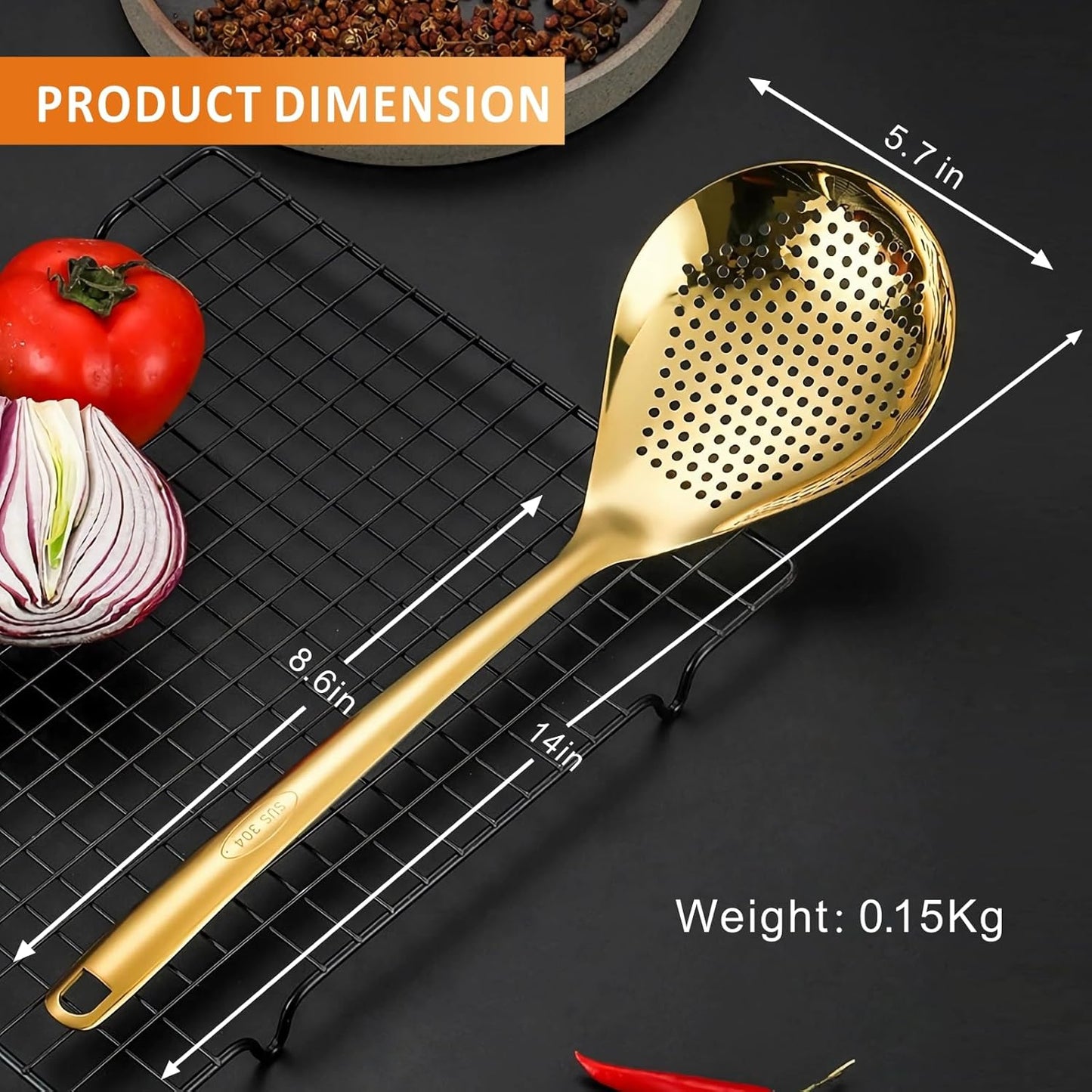 Large Gold Serving Slotted Spoon, 304 Stainless Steel Set, Stainless Steel Soup Ladle Spoon, Metal Gravy Ladle, Solid Slotted Spoon for Mixing, Serving, Stirring, Salad, Soup, 14 Inch