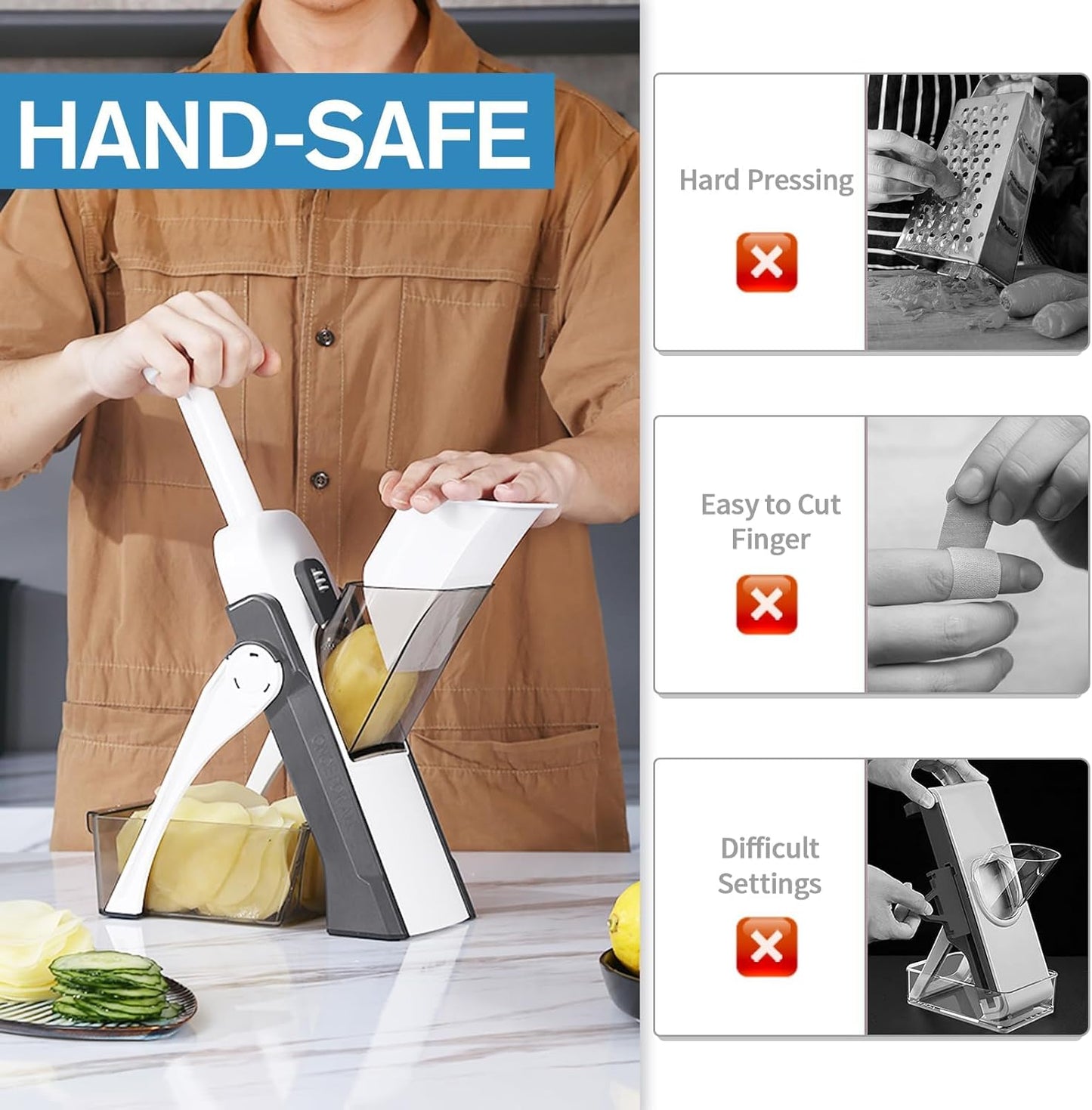 Safe Mandoline Slicer for Kitchen, Vegetable & Food Cutter, Thickness Adjustable 0.1-8 mm. Easy to Clean, Storage, Kitchen Faster Slice Artifact (Only Slice) (Gray)