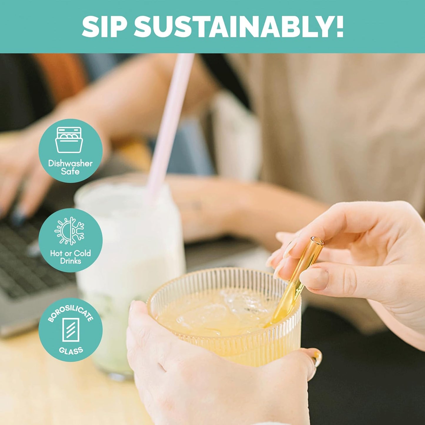 Simply Straws 6 Inch Glass Straws Bent (6-Pack) – Reusable Glass Straws for Low Balls & Stemless Glasses, with Cleaning Brush – Dishwasher Safe, Hot & Cold Use, BPA-Free (Cote d'Azur)