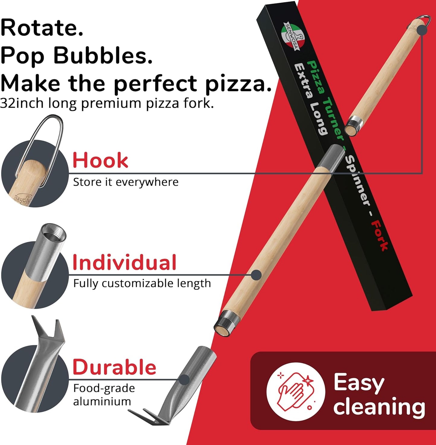Pizza Turner Fork & Bubble Popper - Easy Pizza Rotation for Evenly Baked Crust - Adjustable Handle [26"-32”]