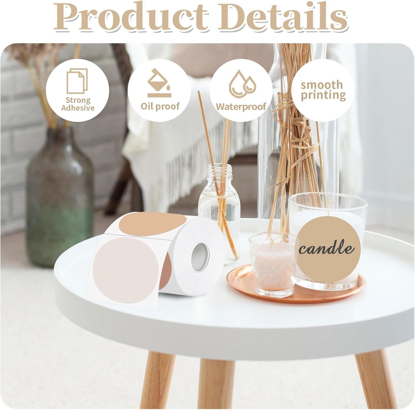 Thermal Label,3 Inch Beige Gradient Round Thermal Printer Sticker,Self-Adhesive Round Direct Thermal Labels,Thermal Stickers for DIY Logo Design,Name Tag (300 Labels/1 Roll)