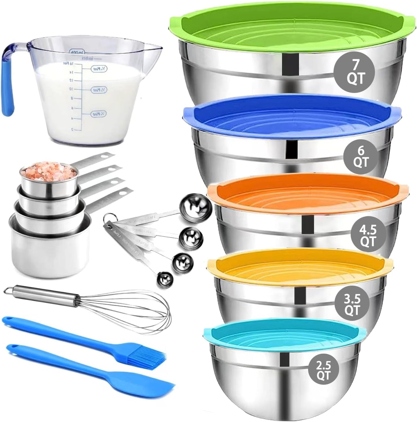 MIKULA Mixing Bowls, Mixing Bowl Set with Lids, 22PCS Large Stainless Steel Mixing Bowls & 400ML Measuring Cups Spoons Storage Nesting Metal Baking Bowl 7/6/4.5/3.5/2.5QT for Kitchen Supplies