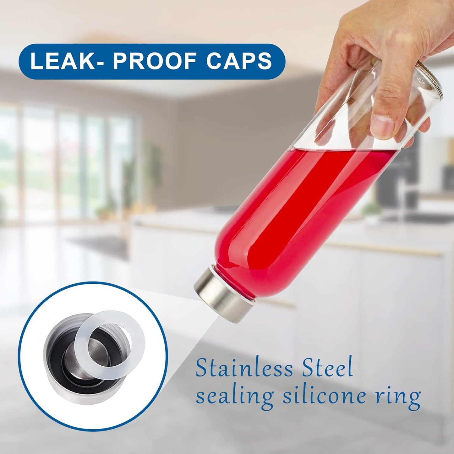 Clear Glass Bottles with Lids 18 oz, Reusable Glass Water Bottles with Stainless Steel Cap for Juicing, Refrigerator,100% Leak Proof, BPA Free, Set of 3