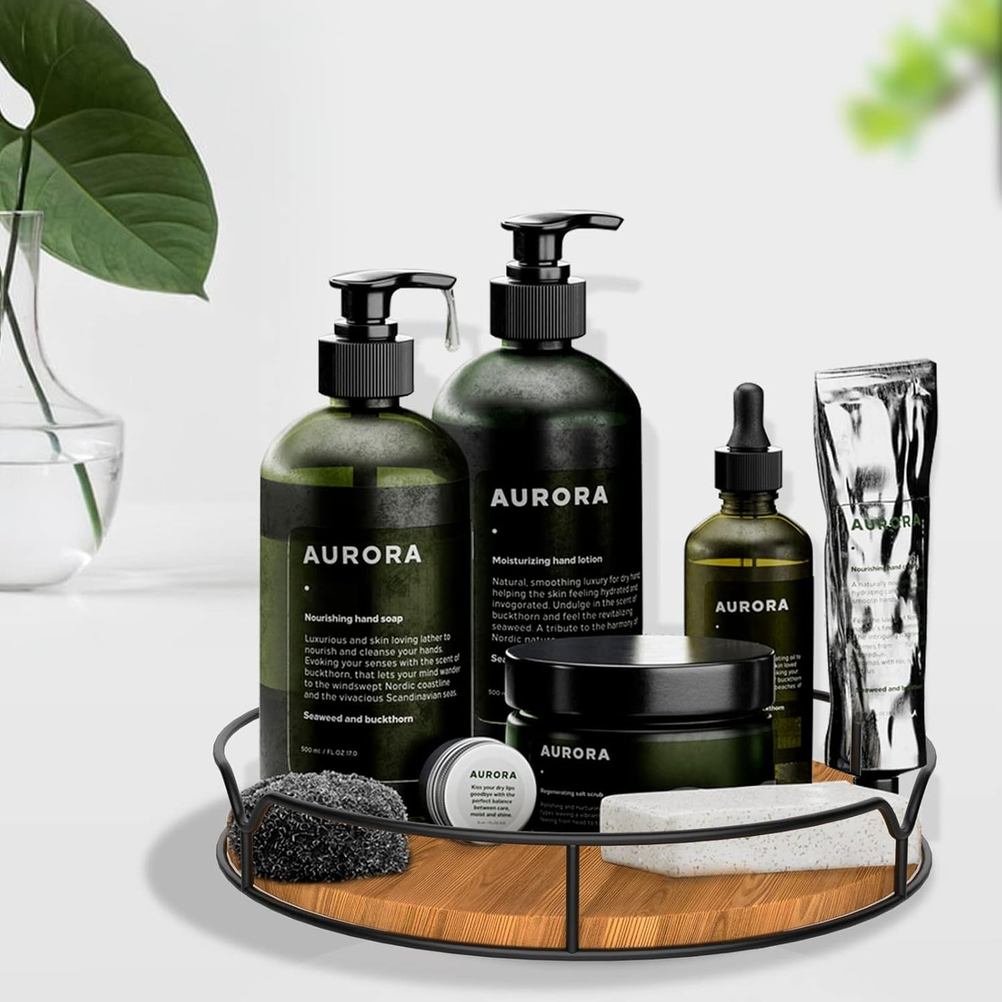 Lazy Susan Turntable Organizer with Anti-Slip Mat for Cabinet Pantry Kitchen Countertop Refrigerator Office, Pine Wood, 10", Carbonized Black