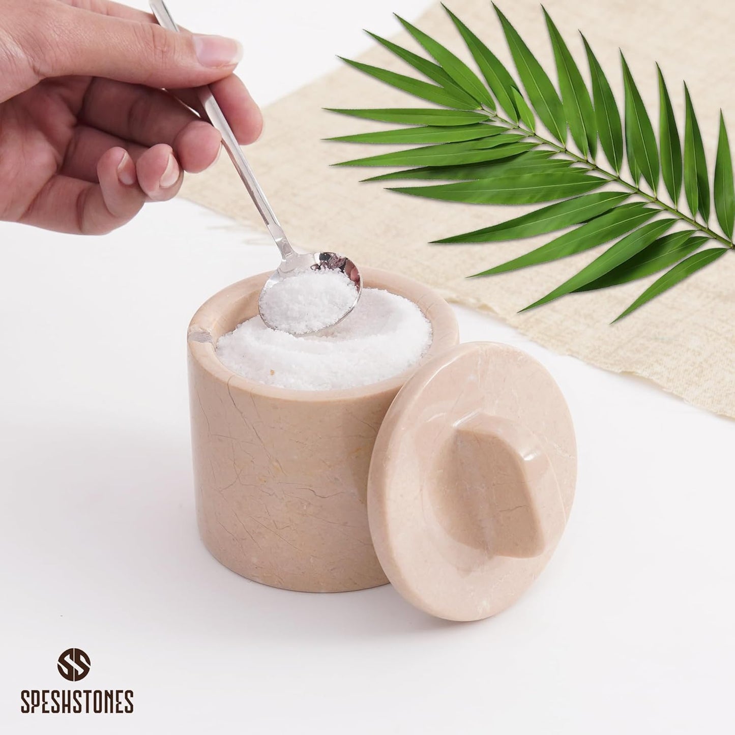 Marble Salt Cellar with Lid and Spoon 4 Inch Verona Handmade Spice Jars for Kitchen Storage - Flaky Salt Holder, Decorative Sugar Bowl & Small Seasoning Containers for Countertop Decor