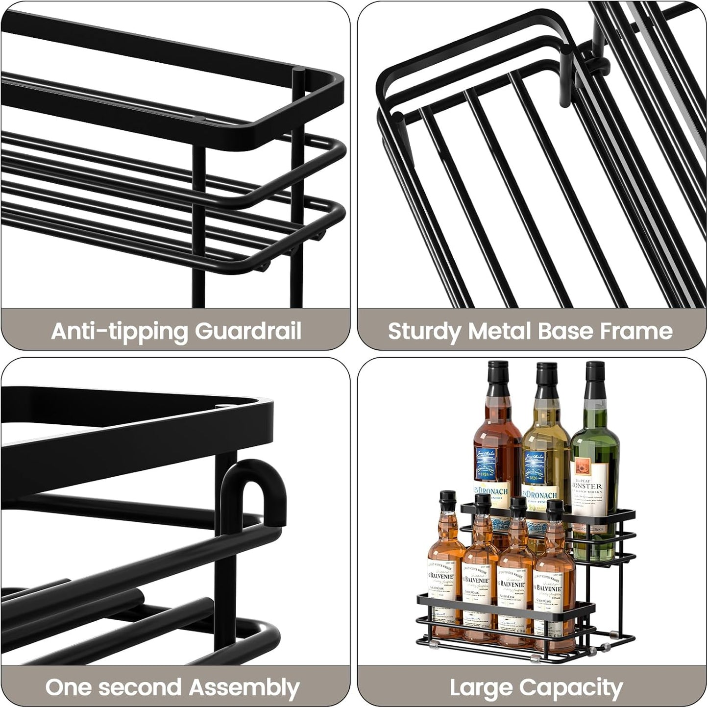 Coffee Syrup Rack Organizer, Syrup Bottle Holder Stand for Coffee Bar, 2-Tier 6 Bottles Storage Shelves for Syrup, Wine, Dressing for Kitchen Countertop (6 Bottles Black)