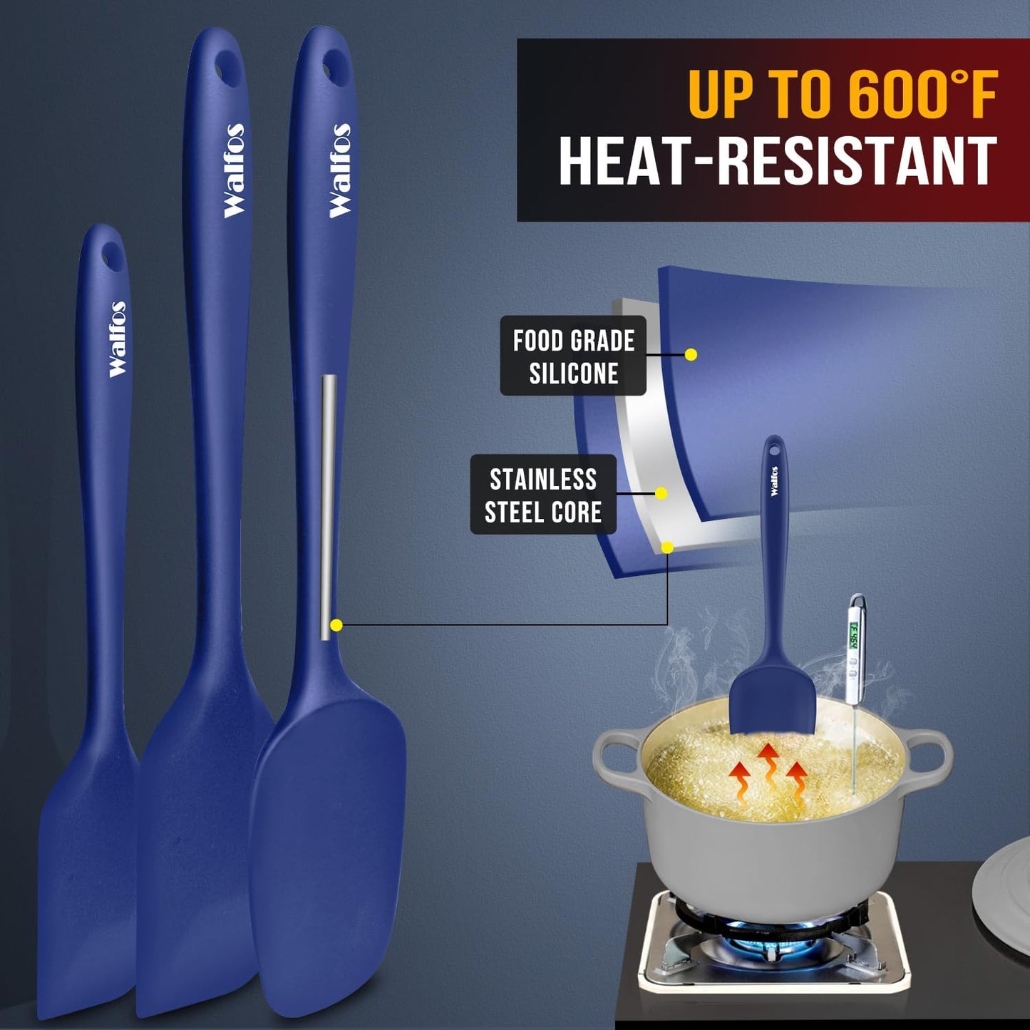 Walfos Silicone Spatula Set (5pcs) - 600℉ High Heat Resistant Kitchen Spoon Navy Blue Spatulas for Cooking Mixing & Baking, Strong Steel Core and One-Pieces Seamless Design, BPA Free Dishwasher Safe