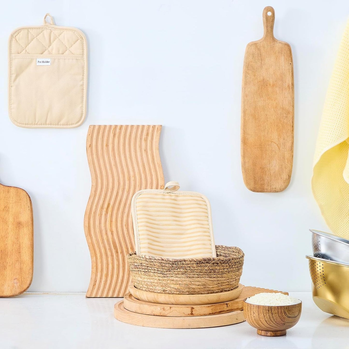 Kitchen Everyday Basic Pot Holder Heat Resistant Coaster Soft Silicone Water Resistant Pot Holder Set Oven Mitts with Pocket, 2 Piece Set, 7"x9" Beige