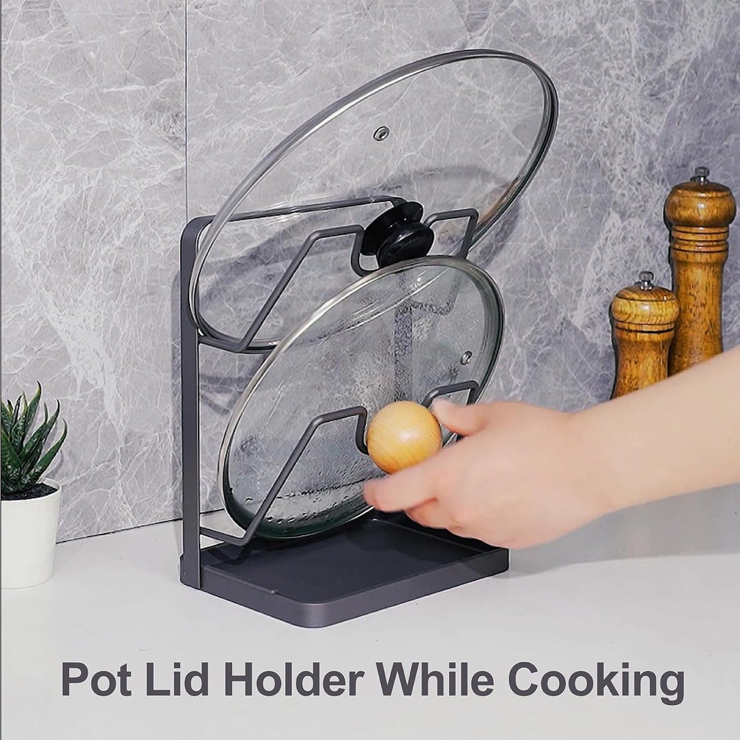 Pot Lid Holder While Cooking, Kitchen Spoon Rest with Lid Holder for stove top, Multifunctional Kitchen Pot Lid Organizer for Countertop (Iron,Dark Grey)