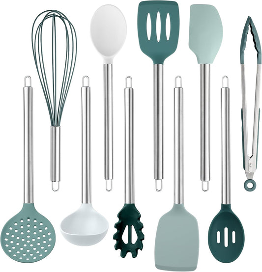 COOK WITH COLOR Silicone Cooking Utensils, Kitchen Utensil Set, Easy to Clean Silicone Kitchen Utensils, Cooking Utensils for Nonstick Cookware, Kitchen Gadgets Set, 10 Pieces, Teal