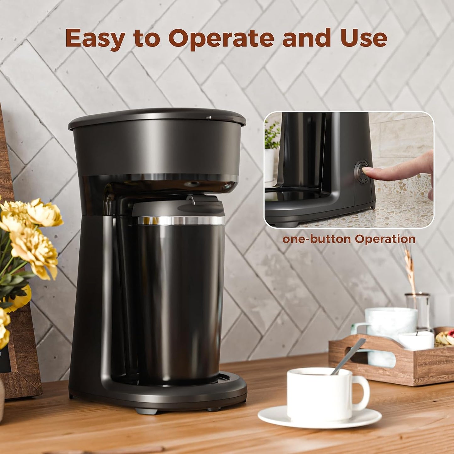 Single Serve Drip Coffee Maker with Travel Mug, One-Touch Operation, Fast Brew, Compact Small Coffee Maker with Removable Filter,Ideal for Home, Office, or On the Go(Black)