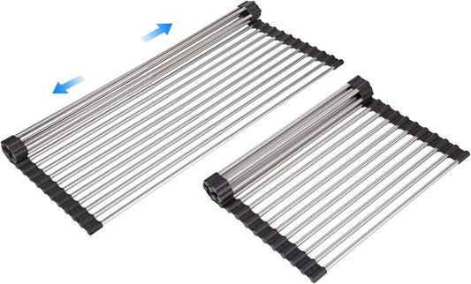 Large Telescopic Drain Rack Roll Up Rack Heat-Resistant Dish Drainer Kitchen Sink Rack Over The Sink Dish Drying Rack Stainless Steel Dish Rack (18 Tube 21.25''x12.79'')