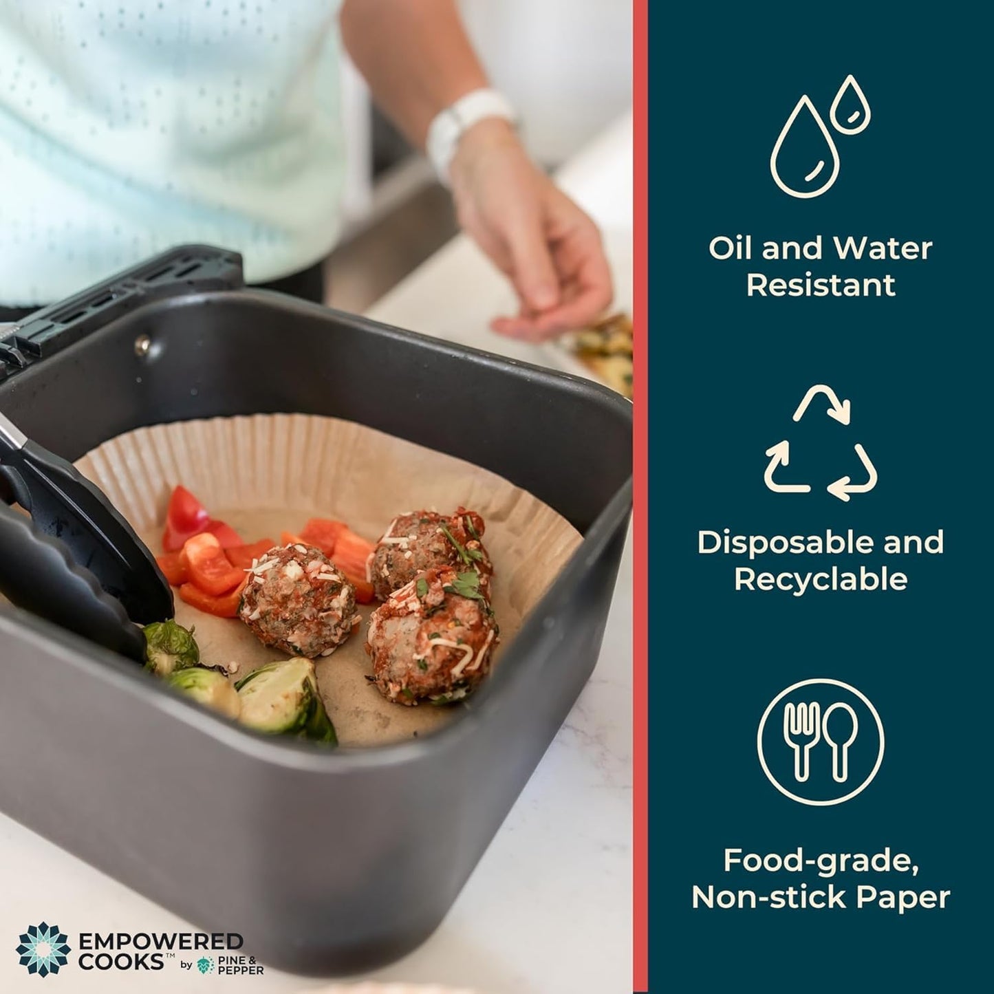 Cathy Yoder's AirFryer Paper Liners, 125 PCS 8-inch Square Air Fryer Liners Disposable, Premium, Food-Grade Easy Cleanup Air Fryer Parchment Paper Sheets, Airfryer Liner for 5-8QT, Baking & Roasting