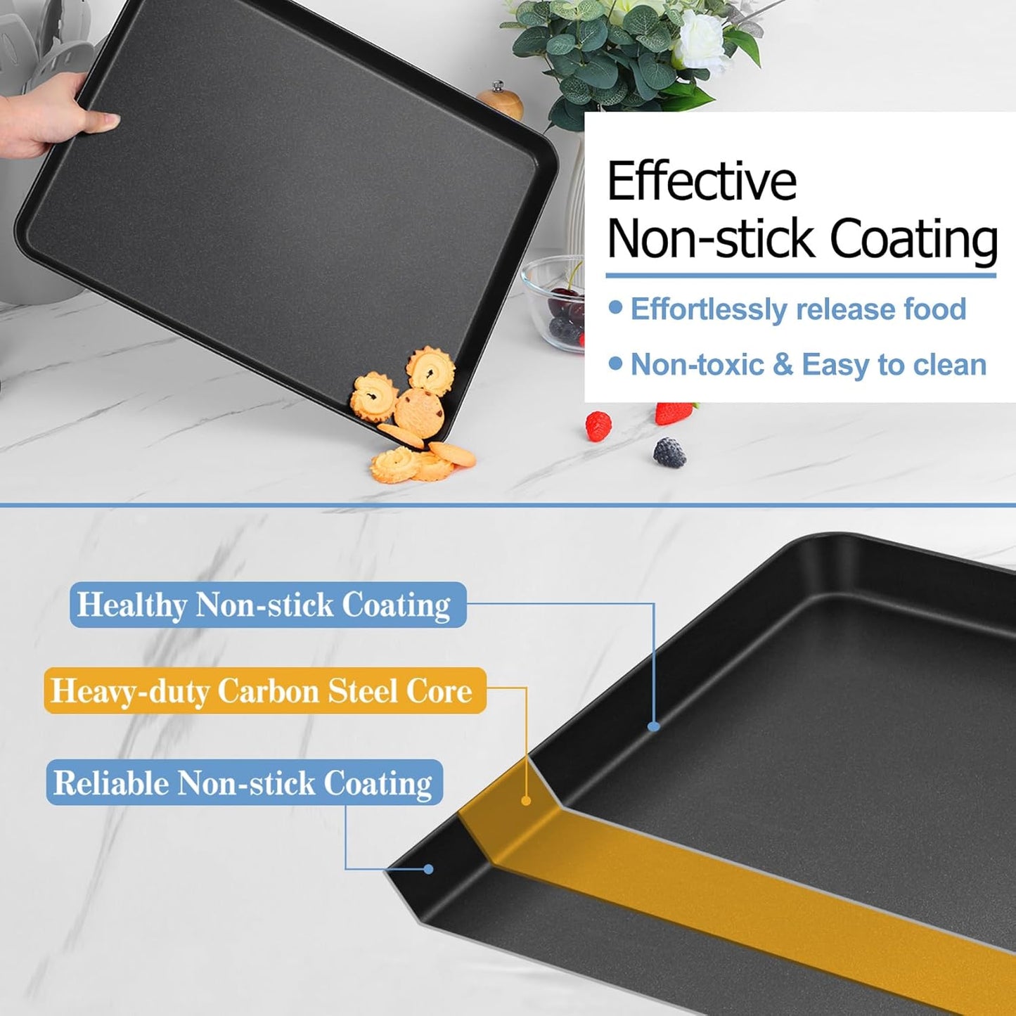 TeamFar Baking Sheet with Rack Set, 16 x 12 x 1” Nonstick Cookie Baking Pan Tray with Cooling Rack, for Baking/Roasting/Cooling, Healthy & Heavy-Duty, Easy Clean, Set of 4