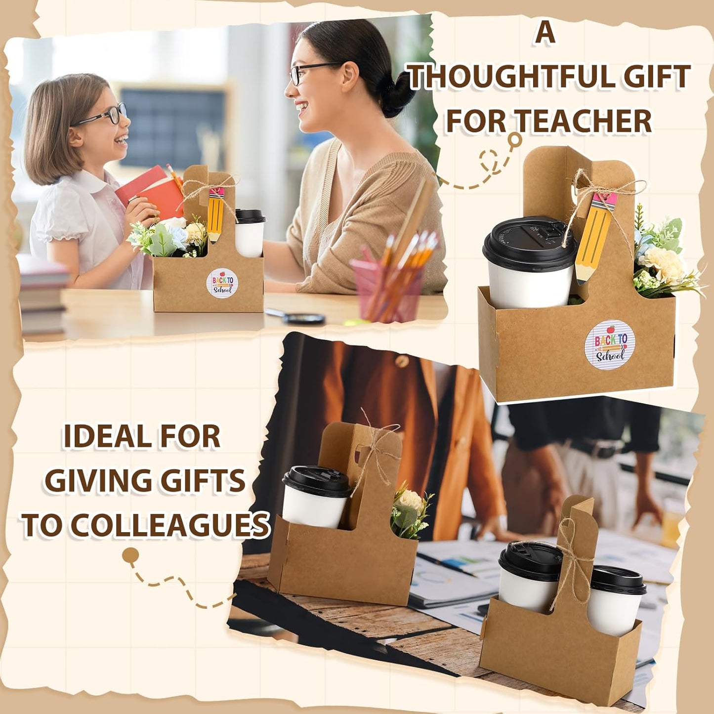 TaoBary 25 Set 2 Cup Drink Carrier with Handle Portable Foldable Tray Drink Holder Disposable Cardboard Coffee Cup Holder for Hot/Cold Drinks with Pencil Gift Tag, Back to School Stick Teacher Gift