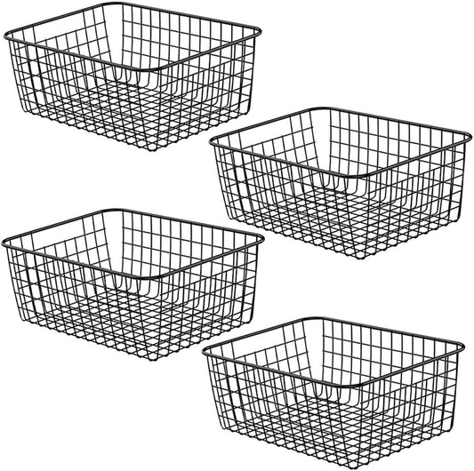 Metal Wire Basket Food Storage Organizer with Wooden Handles for Organizing Kitchen Cabinets, 4 Packs-Black-large