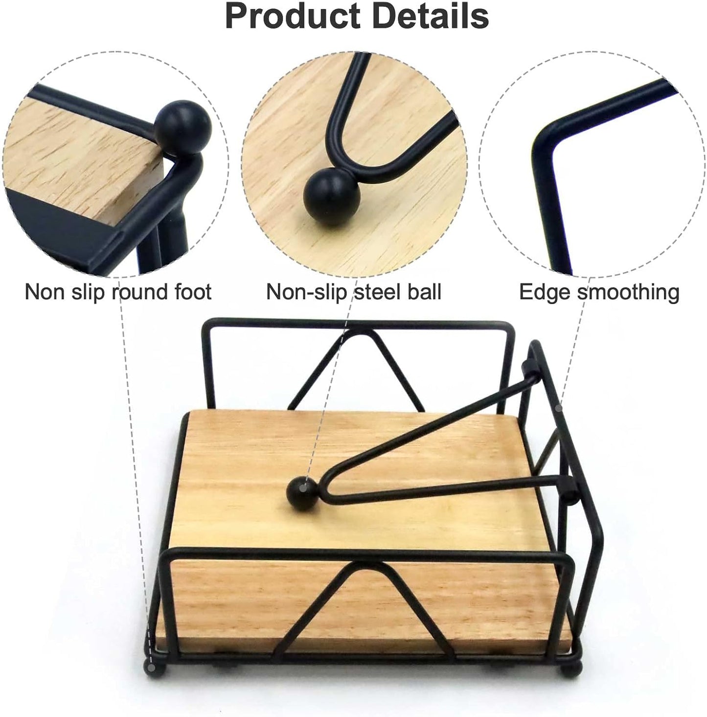 Napkin Holder for Table, Metal and Wood Napkin Holder, Standing Napkin Holders for Paper Napkins, for Kitchen Counter, Dining Table, 7" x 7"(Black)