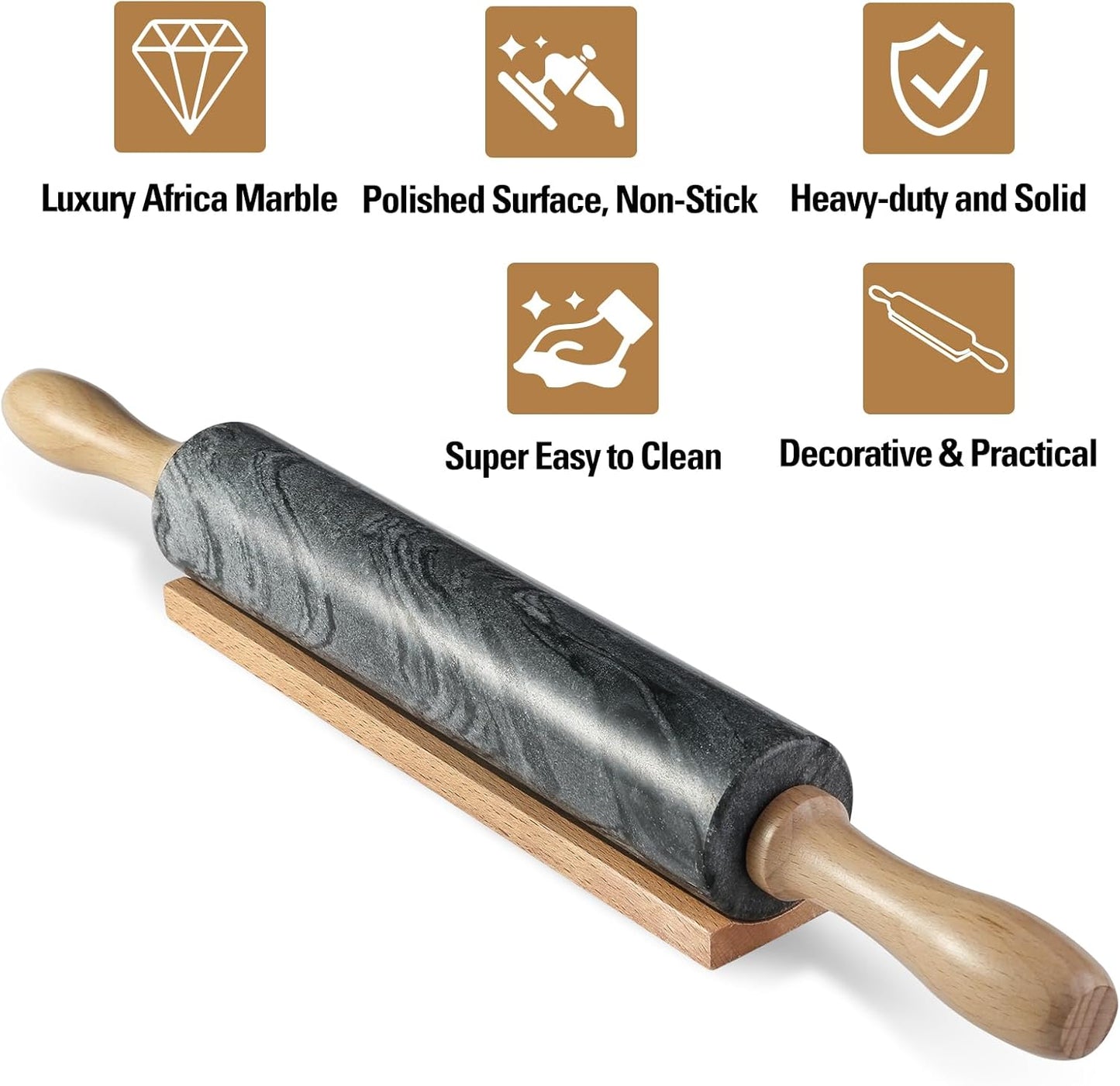 African Natural Marble Rolling Pin, Non-Stick Polished Dough Roller, Pasta, Dumpling, Fondant, Pie Crust, Bread, Pizza Dough, Kitchen Baking Pastry Tools with Mat/Scraper(Monte Grigio)
